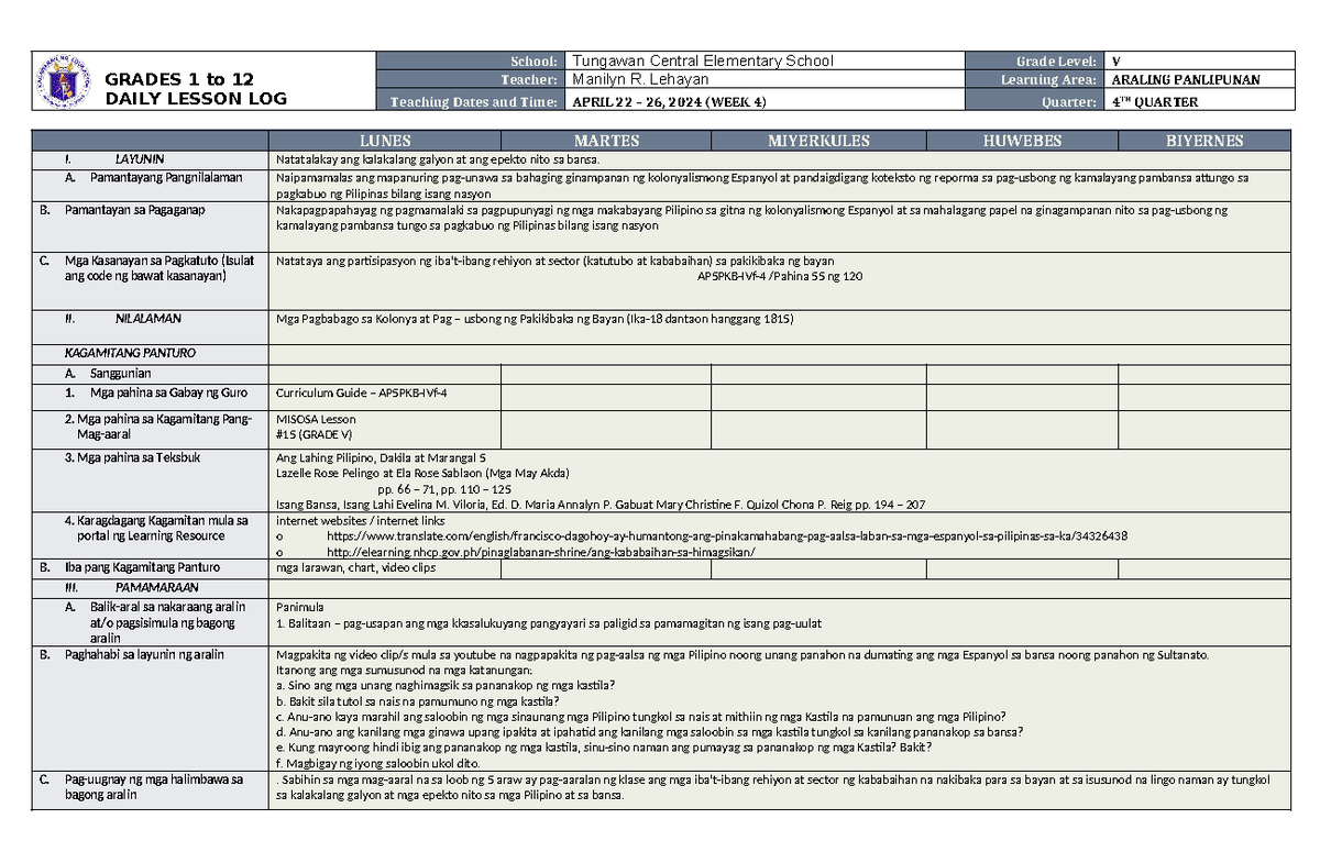 DLL Araling Panlipunan 5 Q4 W4 - GRADES 1 to 12 DAILY LESSON LOG School ...
