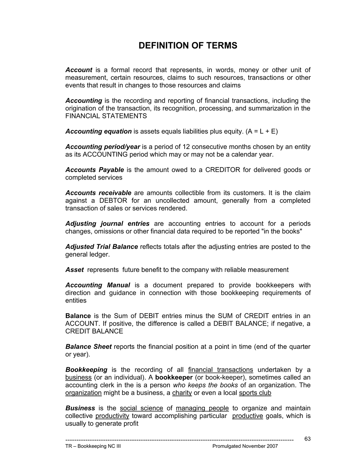 Nciii Bookkeeping Notes - DEFINITION OF TERMS Account is a formal ...