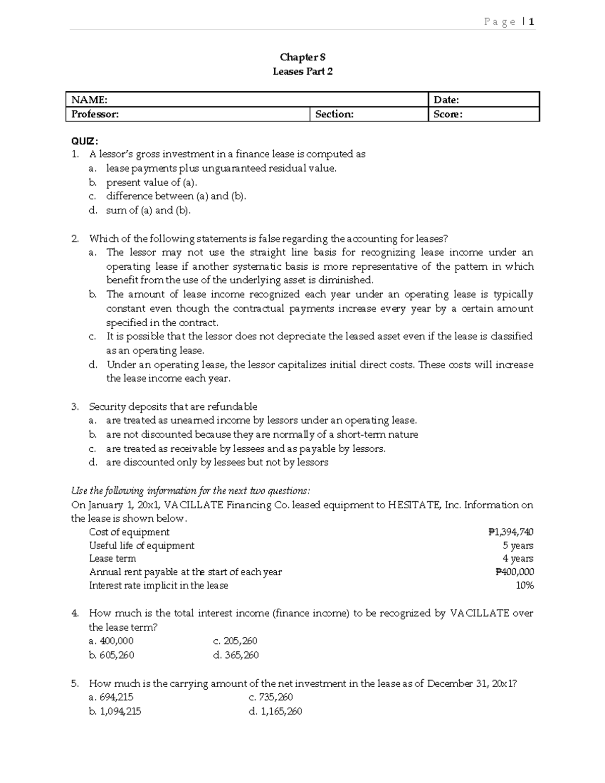 QUIZ Chapter 8 Leases PART 2 2021 - P A G E | 1 Chapter 8 Leases Part 2 ...