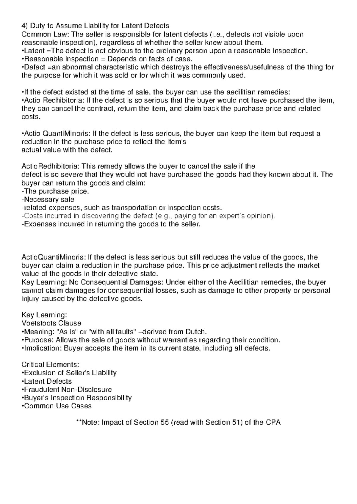 LAW - notes - Duty to Assume Liability for Latent Defects Common Law ...