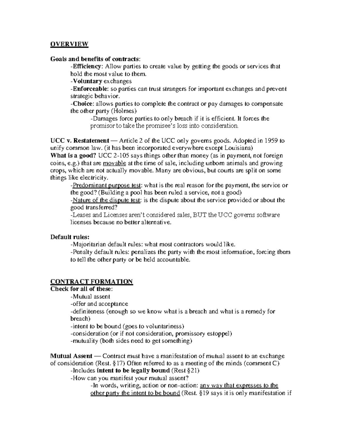 Contracts I Class Notes - Outline Complete Contracts I notes - OVERVIEW ...