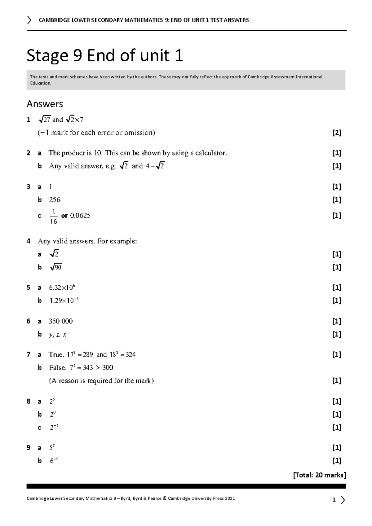 026088432 - Stage 9 End of unit 1 The tests and mark schemes have been ...