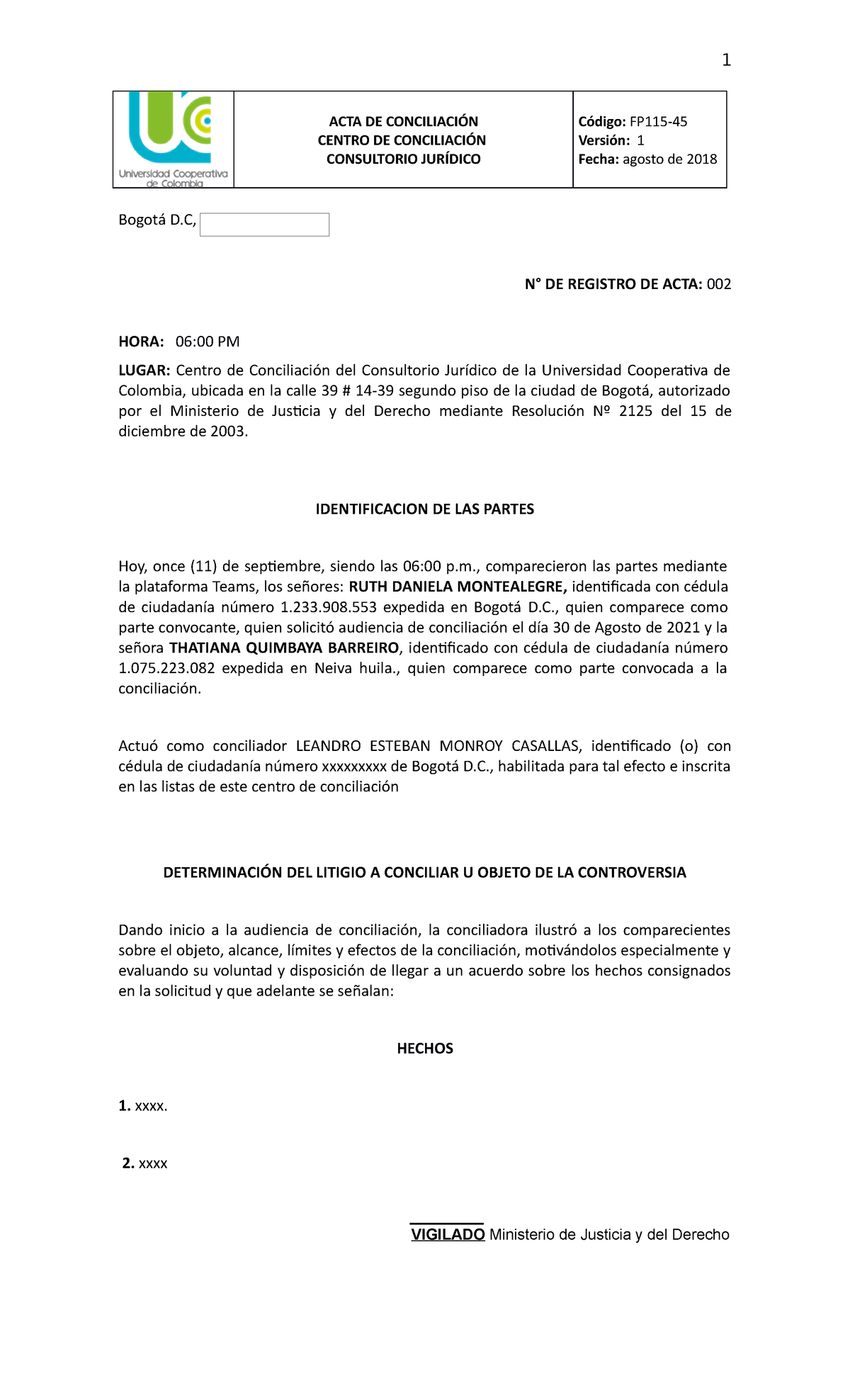 ACTA DE Conciliacion Modelo - 1 ACTA DE CONCILIACIÓN CENTRO DE ...