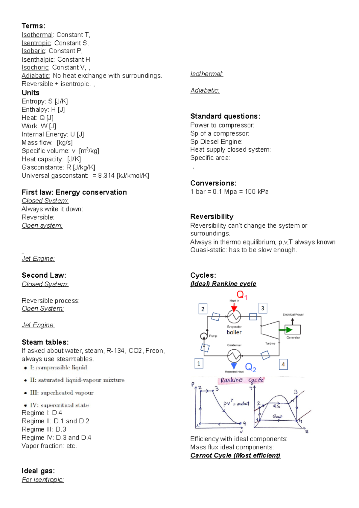 Thermo cheat Sheet - Terms: Isothermal: Constant T, Isentropic ...