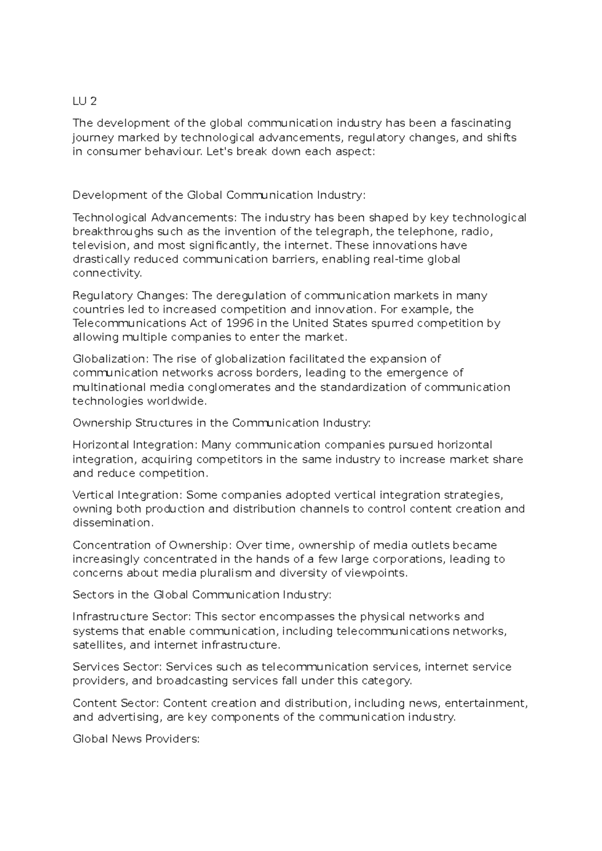 LU 2, 3, 4 Summaries - Summary Global Communication - LU 2 The ...