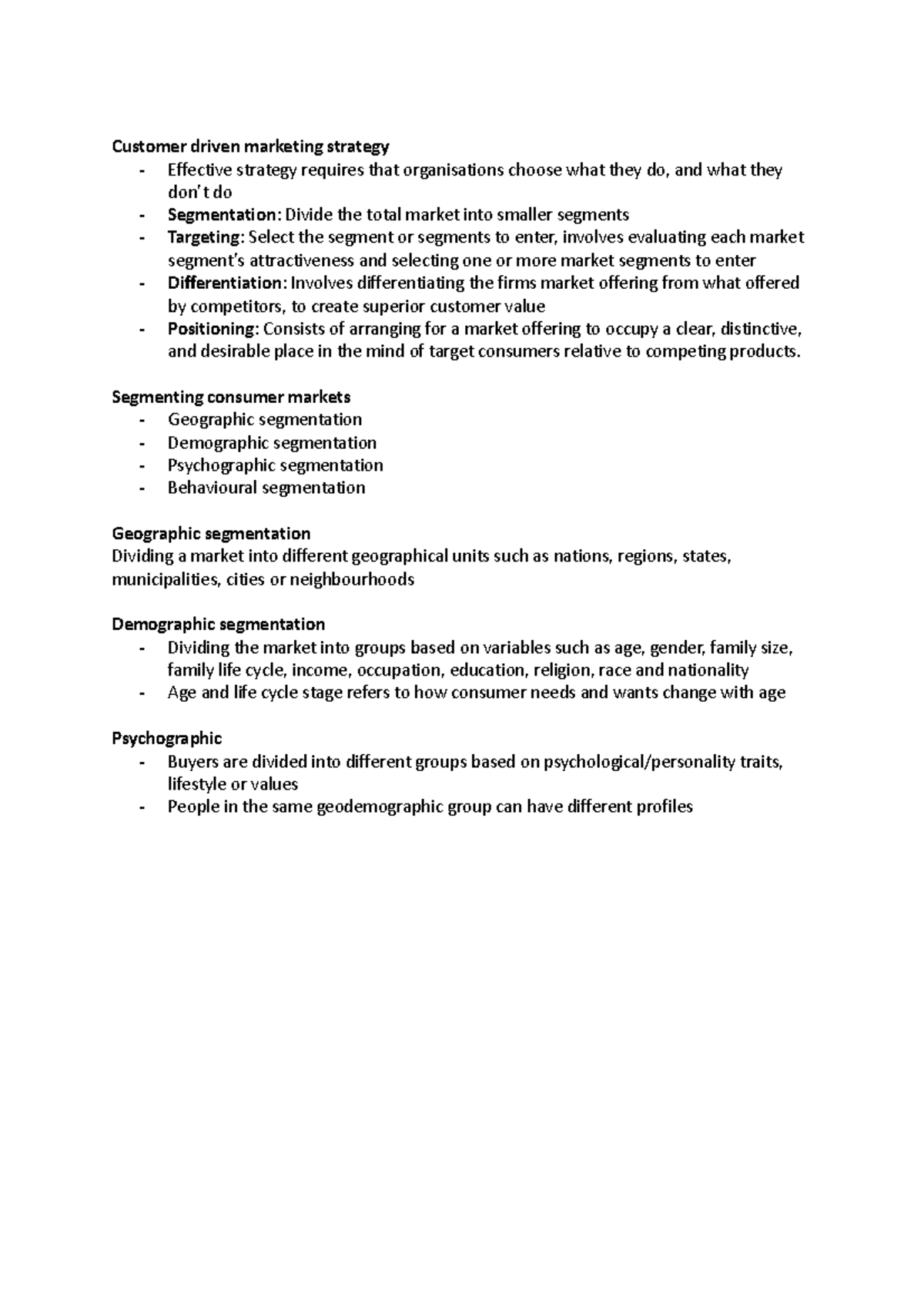 Week 5 - notes - Customer driven marketing strategy - Effective ...