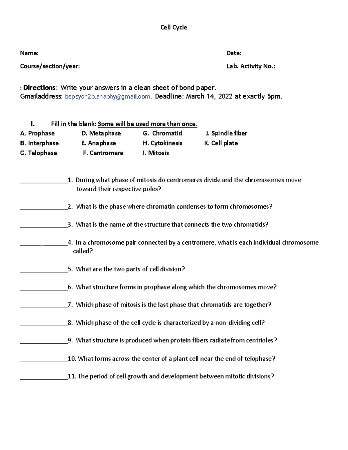 Cell Cycle Laboratory Activity - Cell Cycle Name: Date: Course/section ...