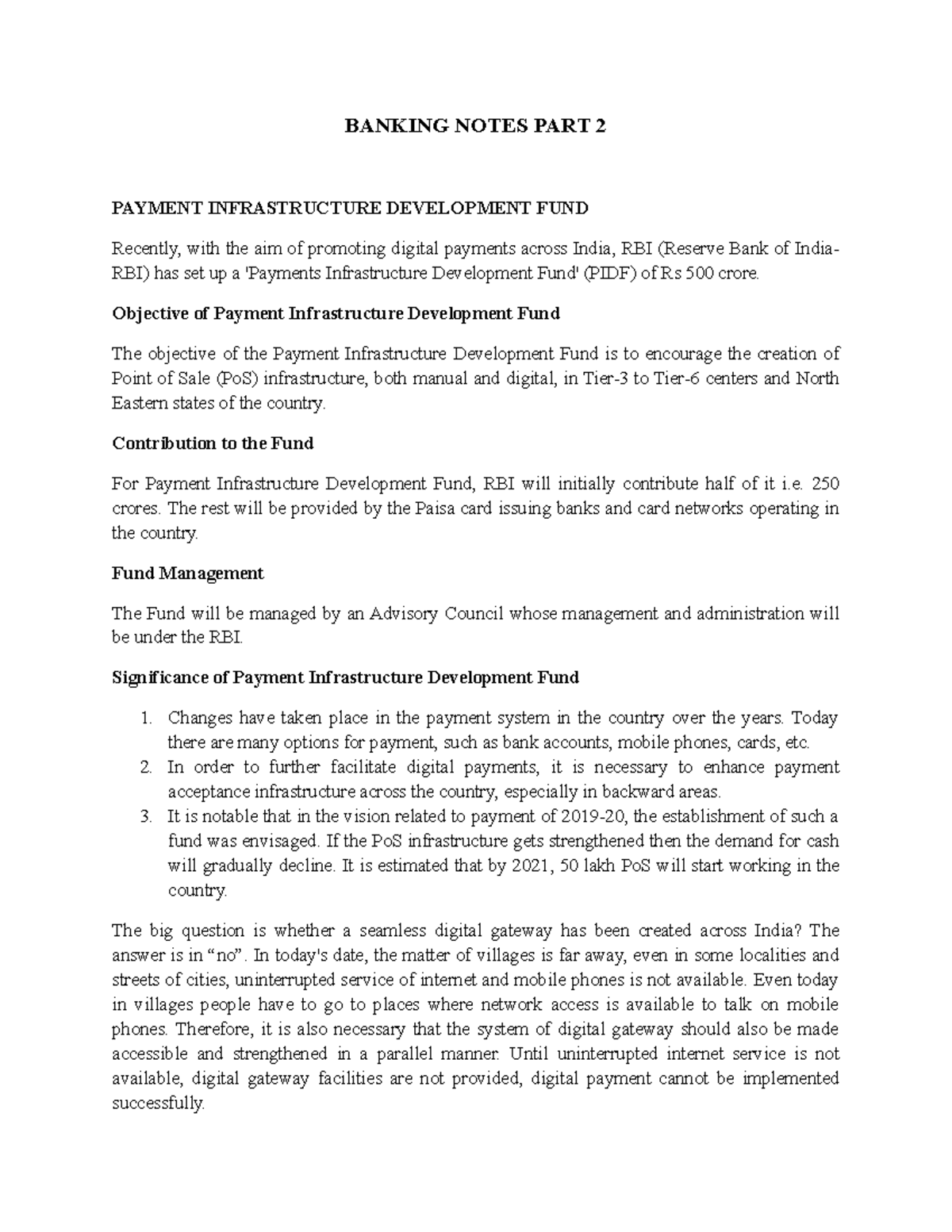 Banking Notes PART 2 BANKING NOTES PART 2 PAYMENT INFRASTRUCTURE