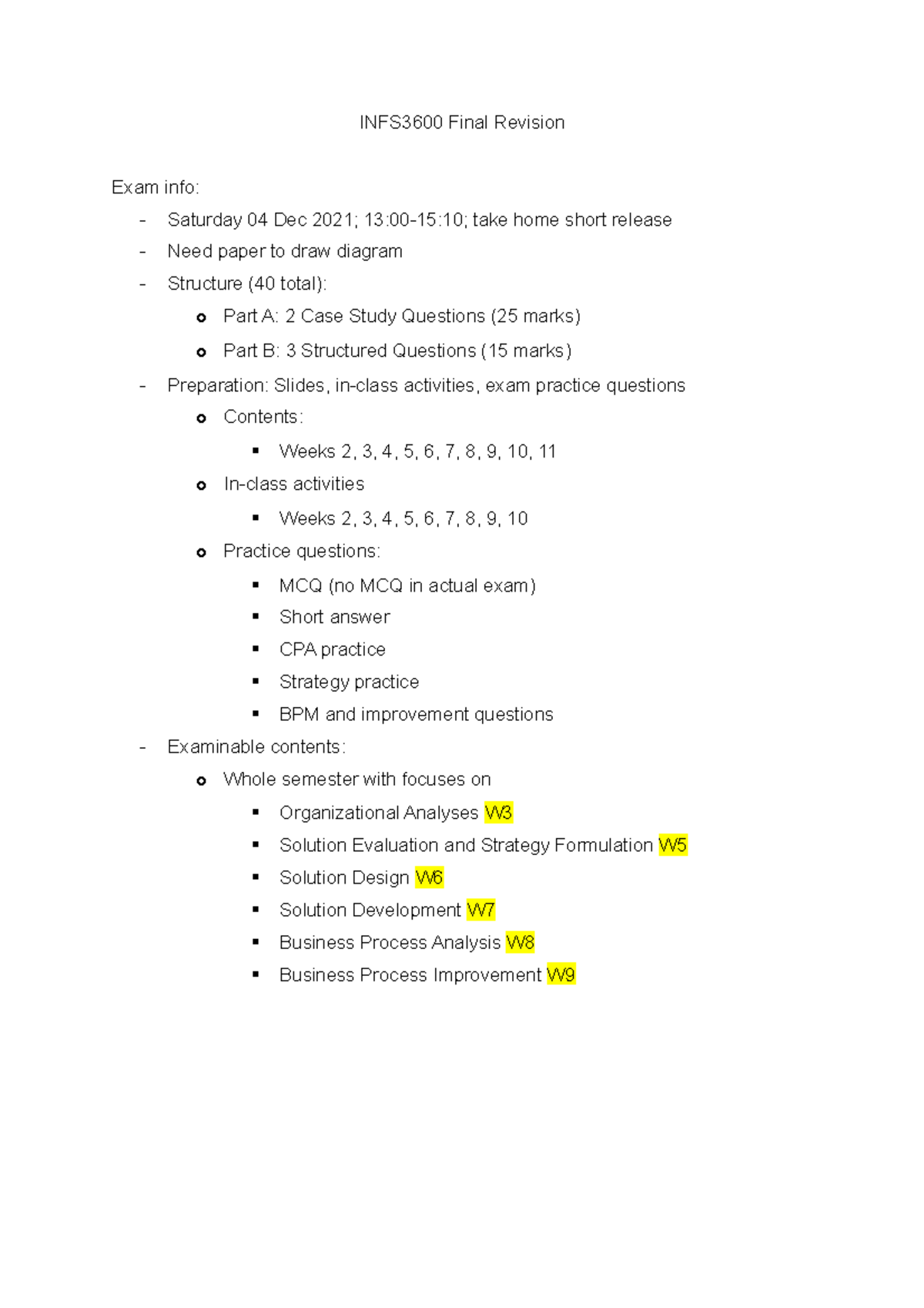 INFS3600 BIS Whole Degree Revision INFS3600 Final Revision Exam info