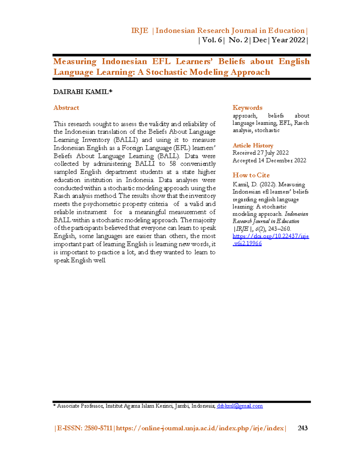 Measuring Indonesian EFL Learners’ Beliefs about English Language ...