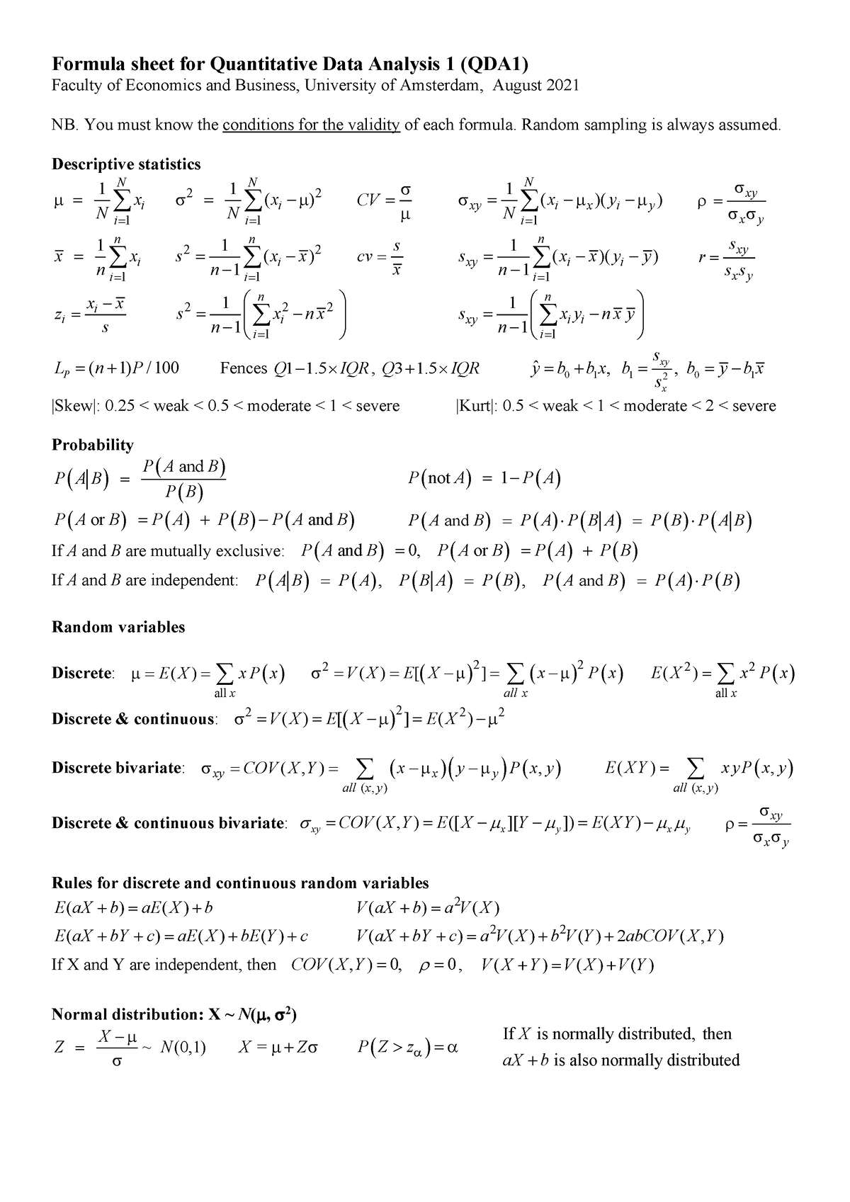 Formula sheet QDA1 August 2021. for examinations - Formula sheet for ...