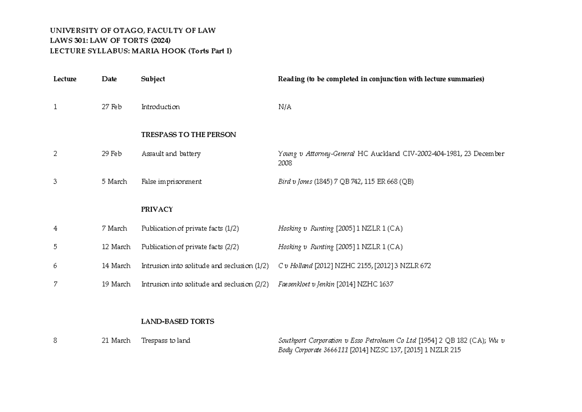 Lecture Syllabus (Hook) 2024 - UNIVERSITY OF OTAGO, FACULTY OF LAW LAWS ...