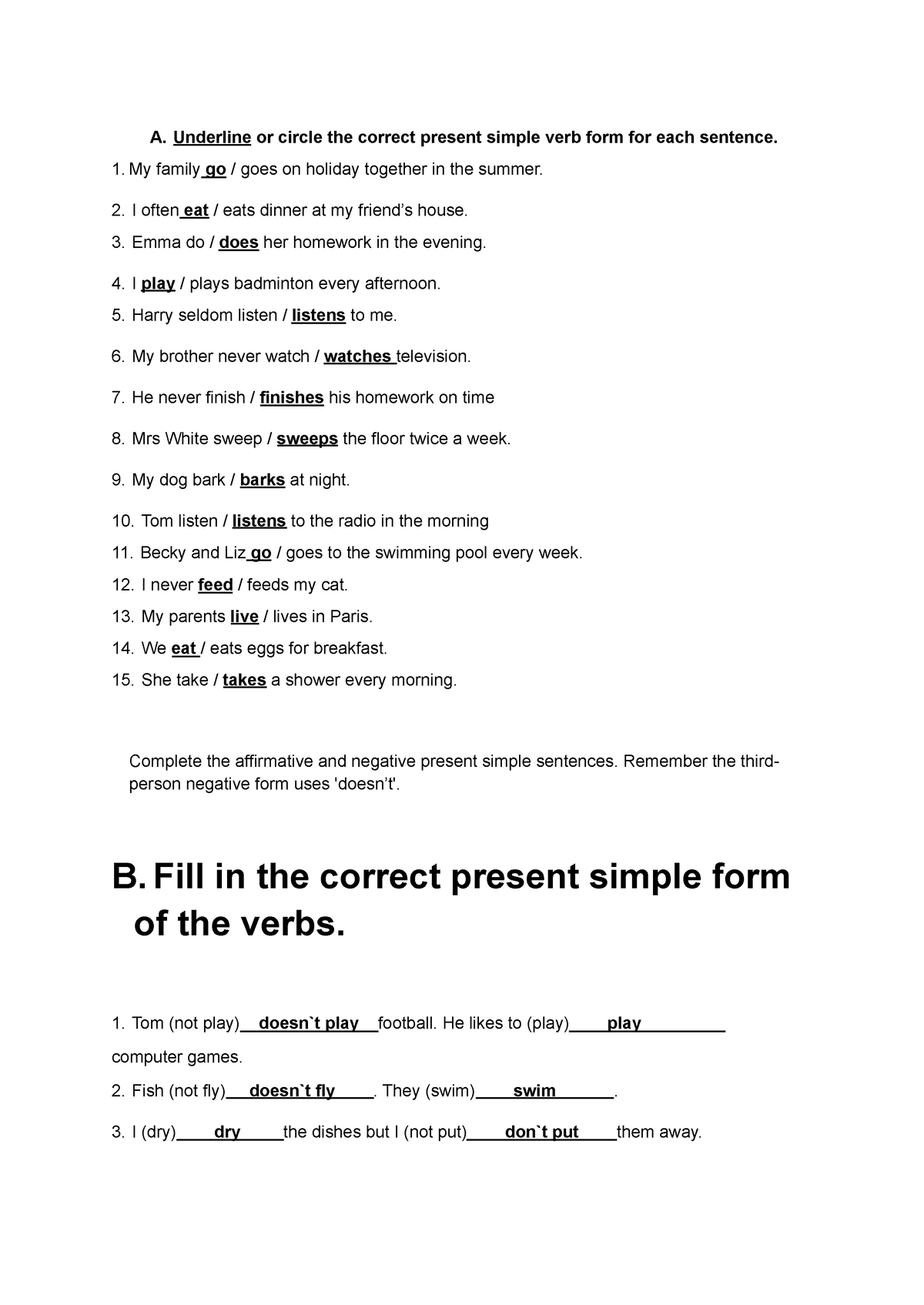 Present Simple - A. Underline or circle the correct present simple verb ...