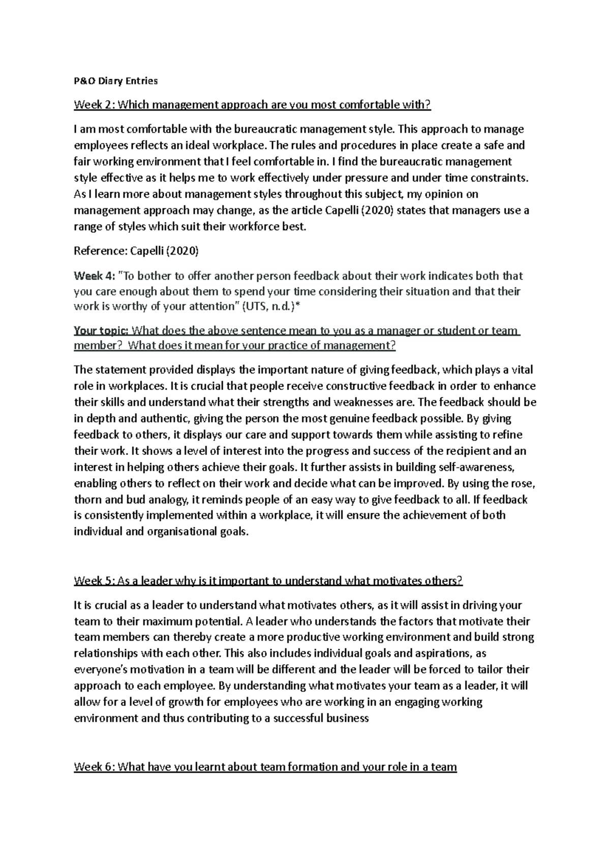 P&O diary entries P&O Diary Entries Week 2 Which management approach