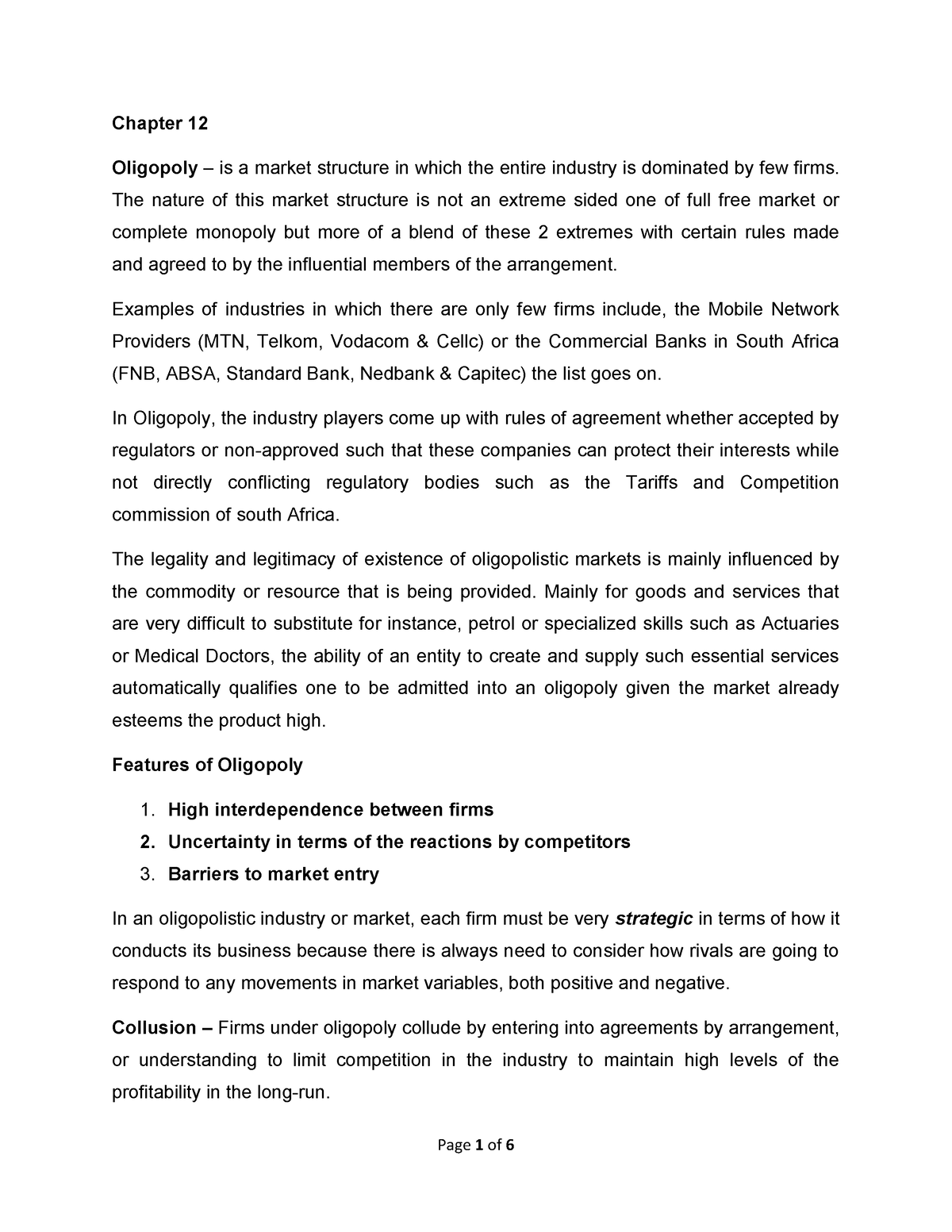 Oligopoly Notes - Chapter 12 Oligopoly – is a market structure in which ...