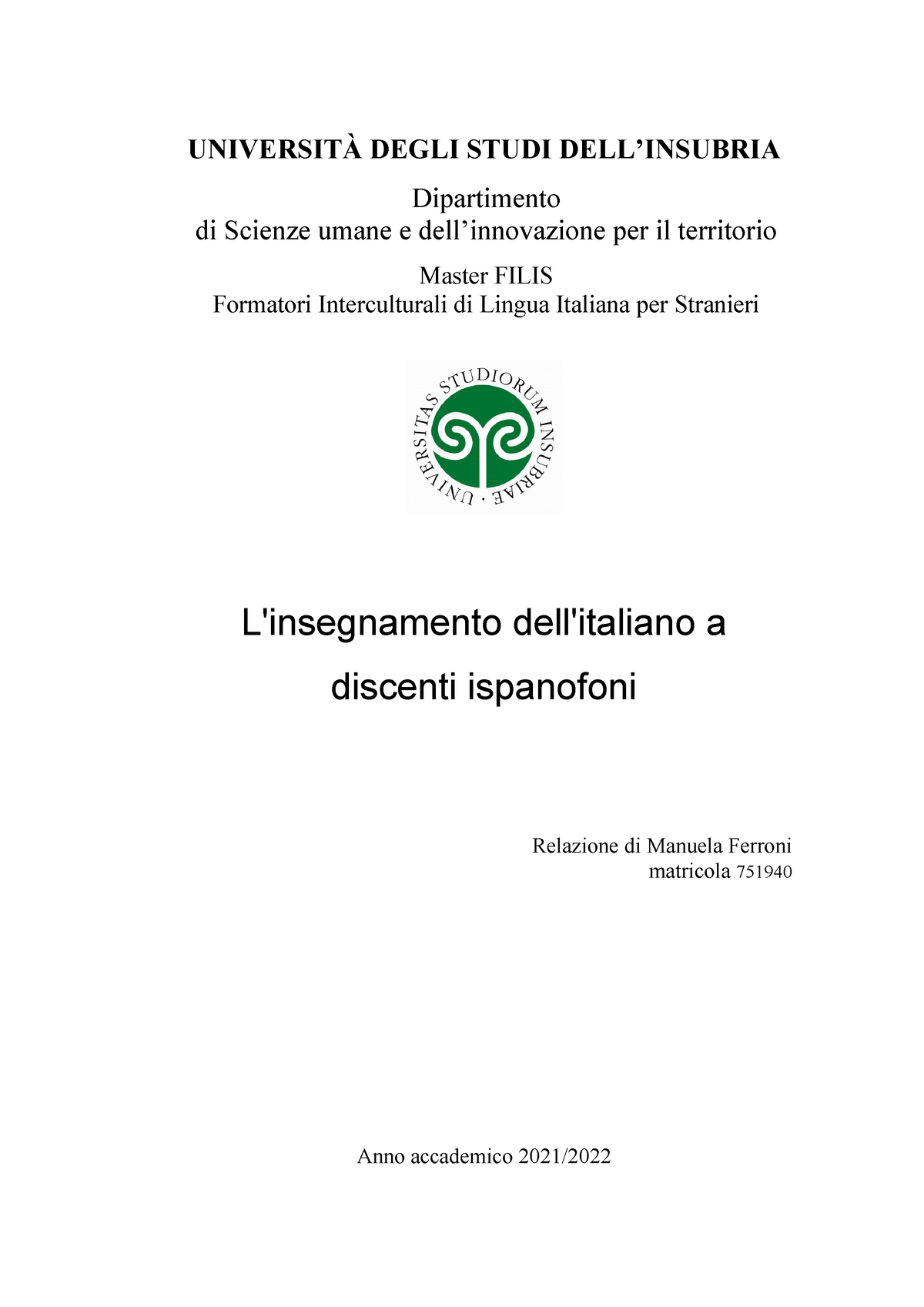 Master Filis TESI L'insegnamento dell'italiano a discenti