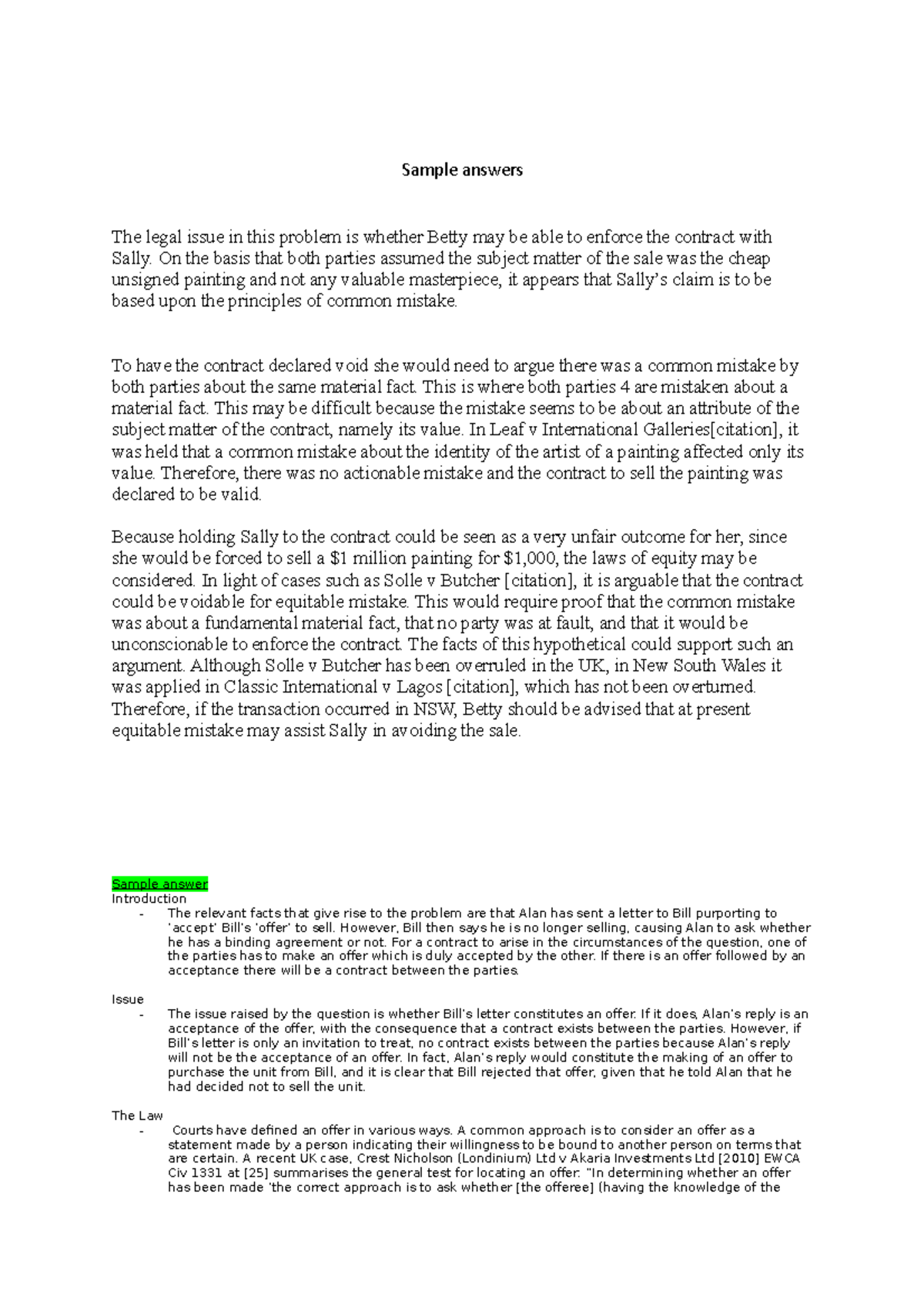 Sample answers - laws practice - Sample answers The legal issue in this ...