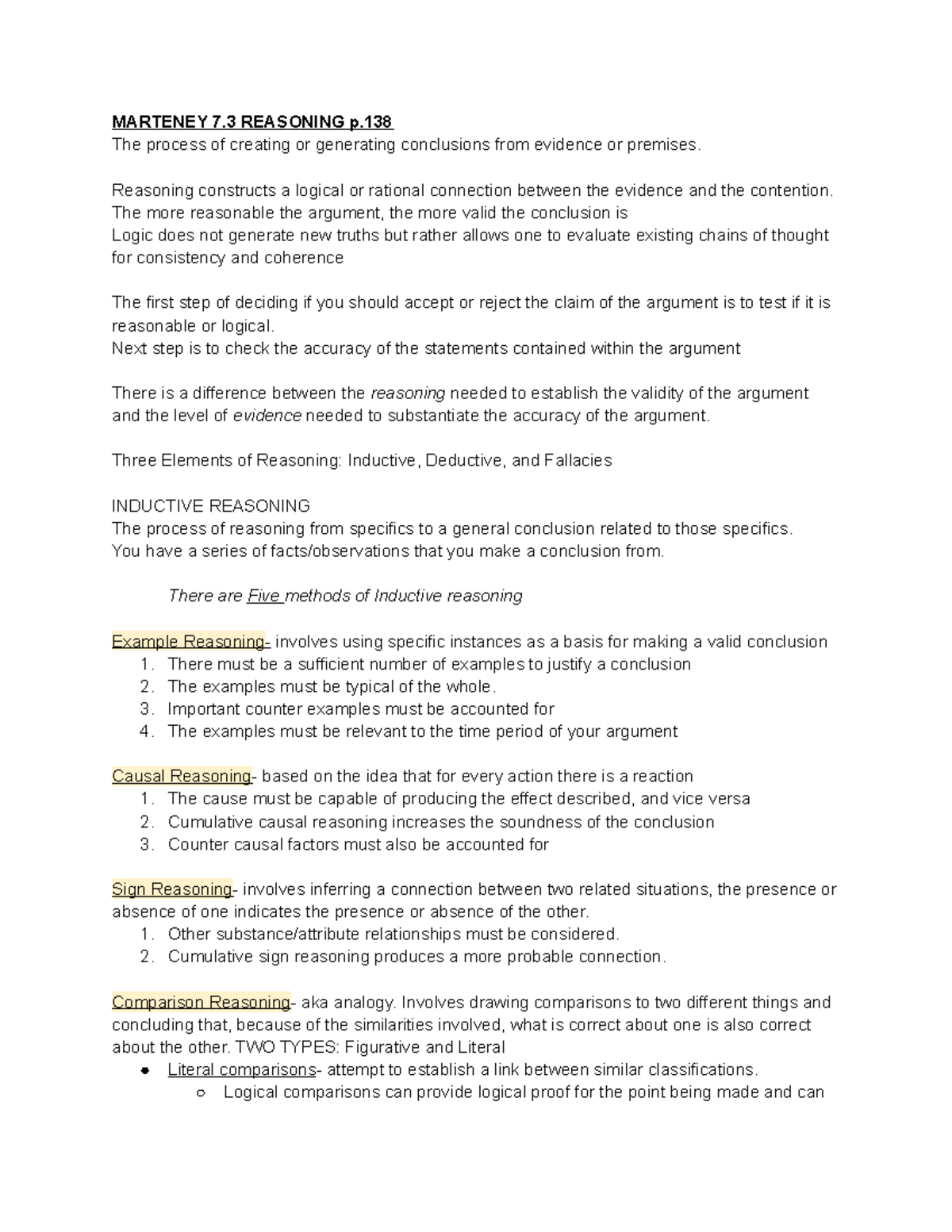 COMM CH 7 Marteney MARTENEY 7 REASONING p. The process of creating or generating conclusions