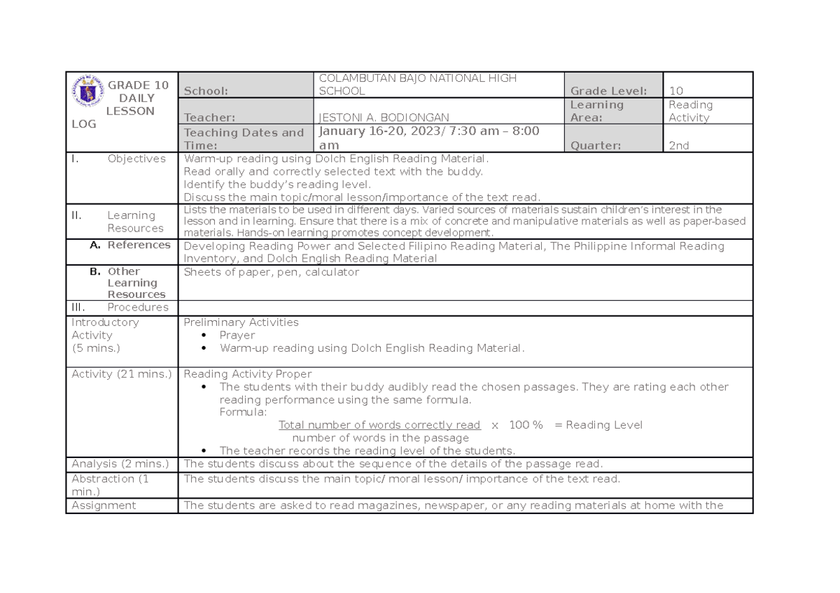Reading DLL.Nov 14-18 - none - GRADE 10 DAILY LESSON LOG School ...