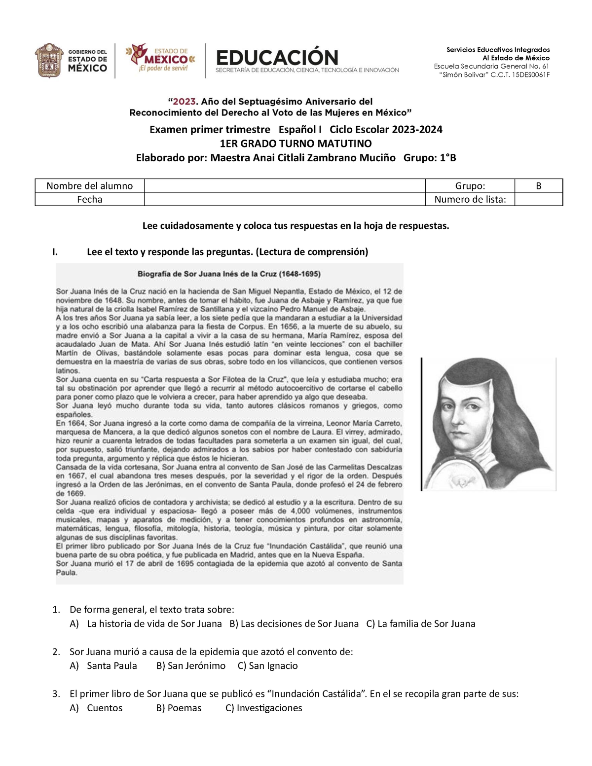 Examen 1°B 1ER Trimestre - Examen Primer Trimestre Español I Ciclo ...