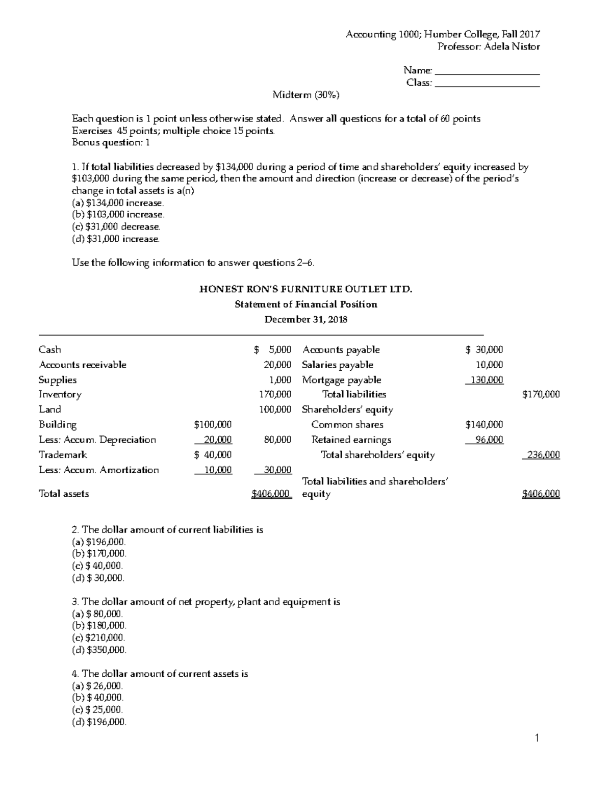 Practice Midterm test 1 2017 Accounting 1000; Humber College, Fall