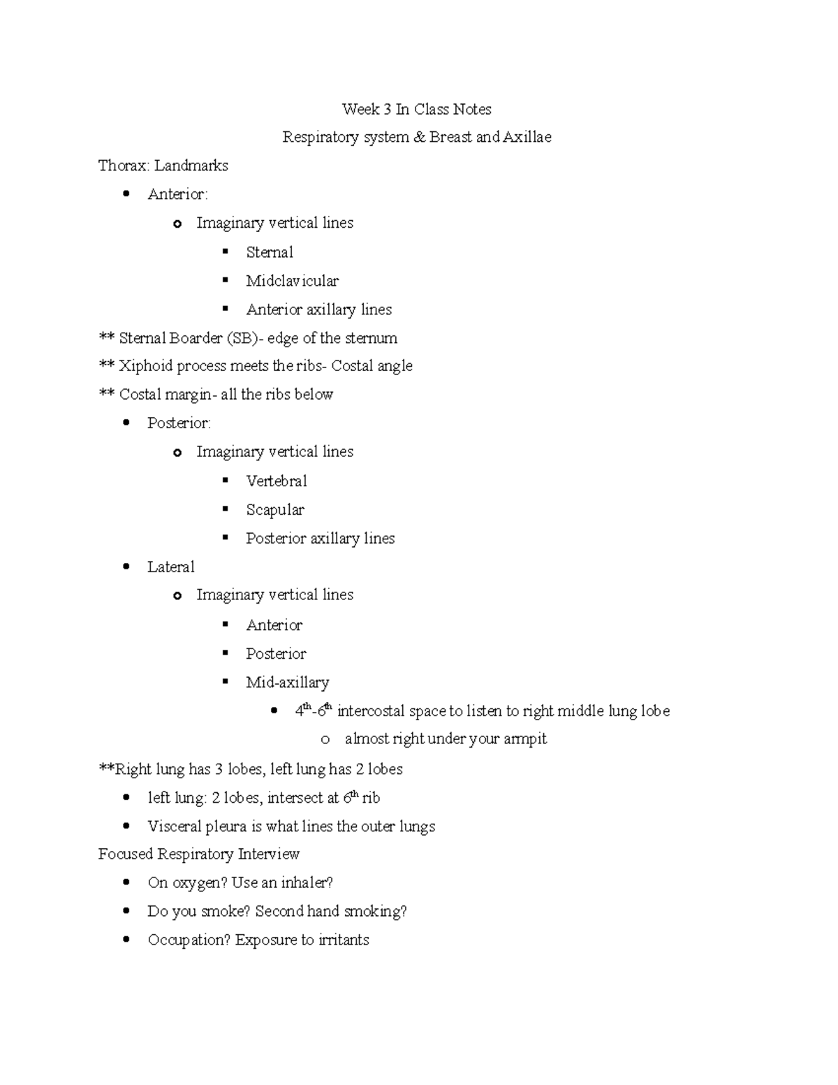Week 3 In Class Notes - Week 3 In Class Notes Respiratory system ...