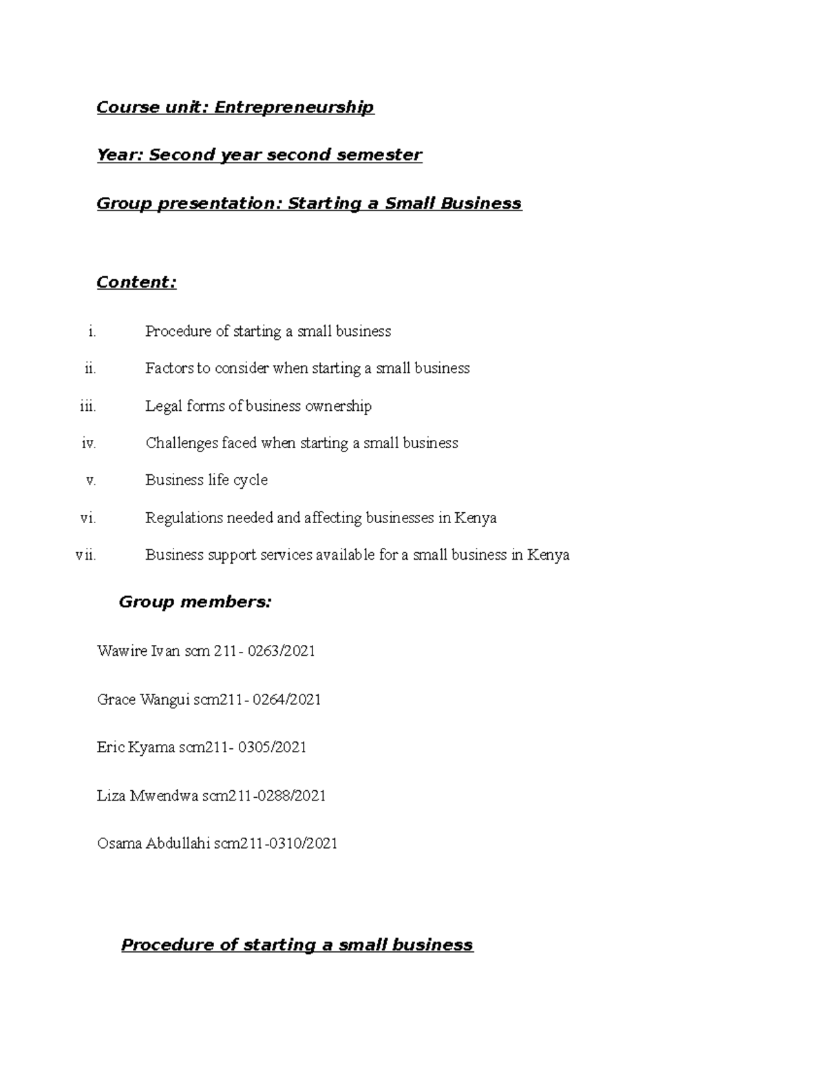 Procedure of starting a small business - Course unit: Entrepreneurship ...