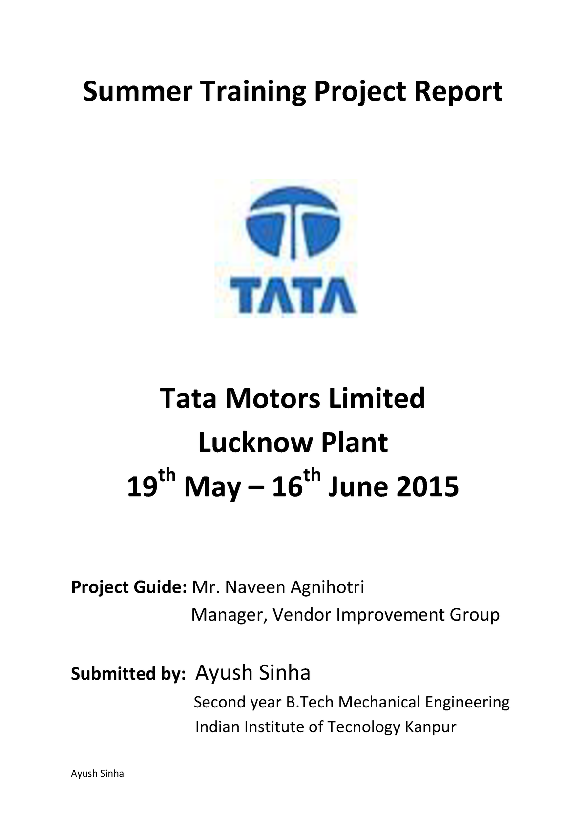 Tata Training Report Summer Training Project Report Tata Motors