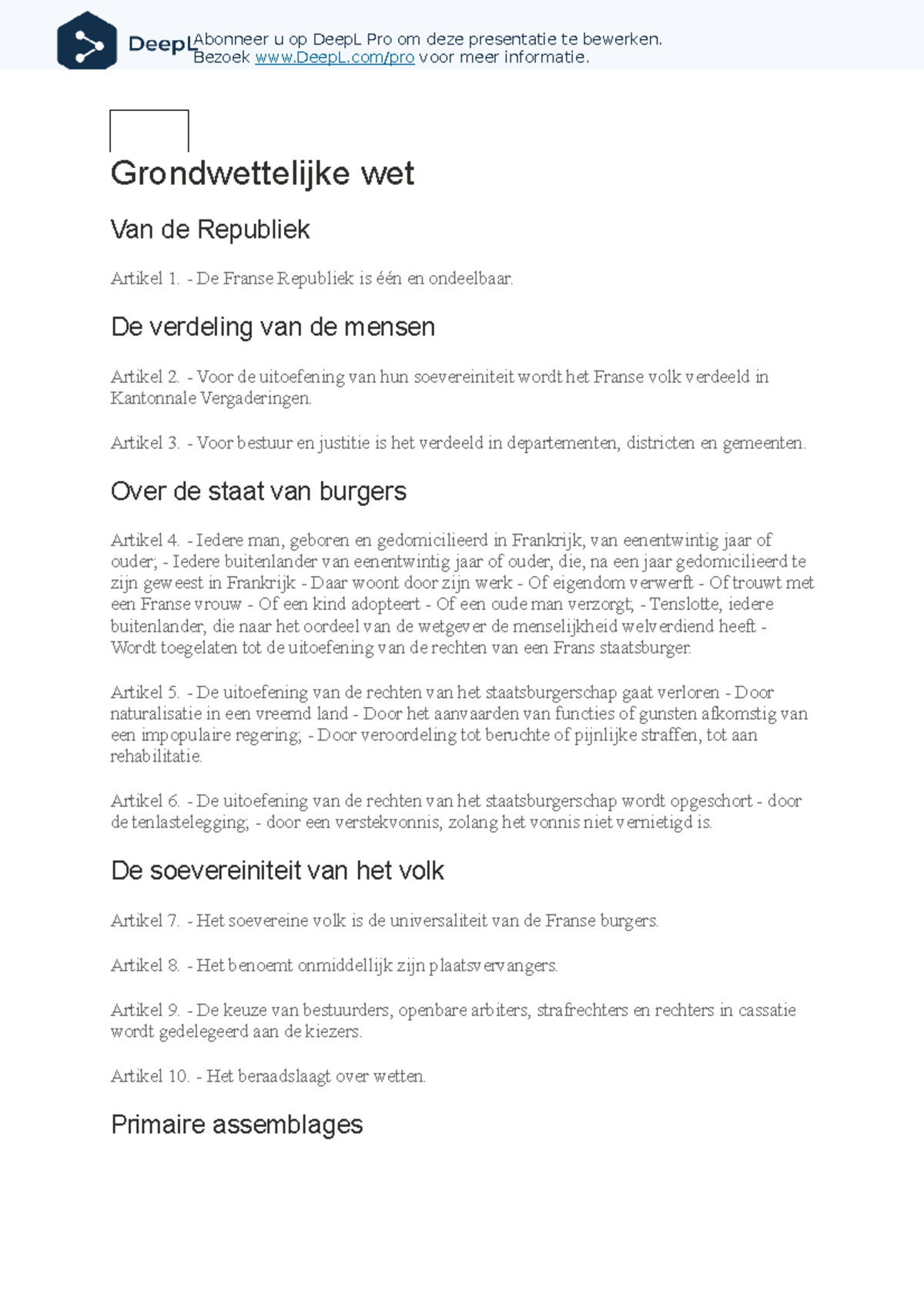 Grondwet Frankrijk 1793 Nederlandse Vertaling - Grondwettelijke Wet Van ...