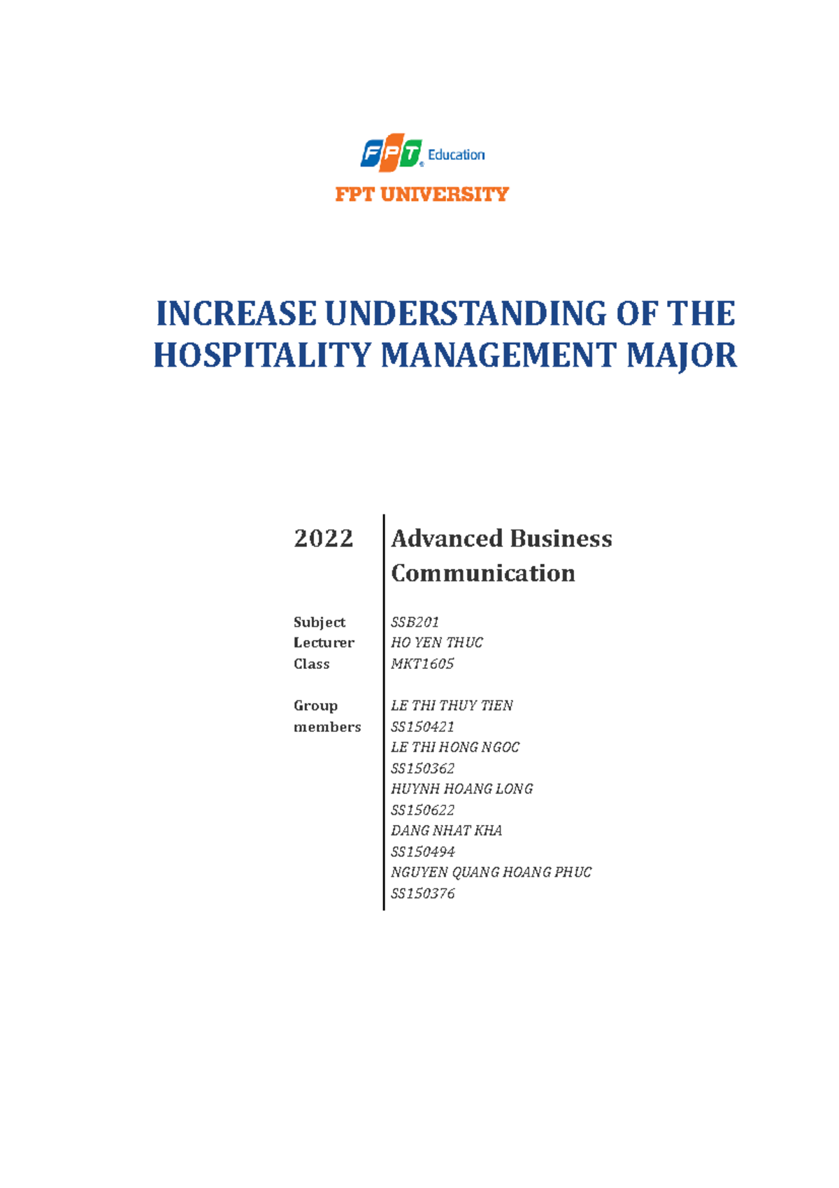 SSB201 Group Project - INCREASE UNDERSTANDING OF THE HOSPITALITY ...