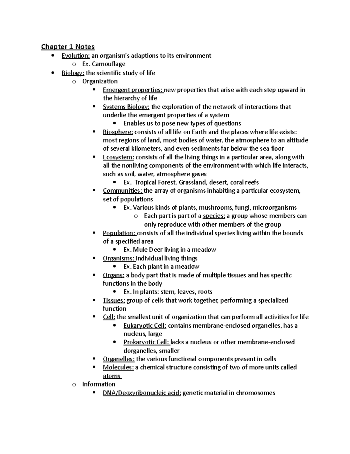 Chapter 1 Notes - Chapter 1 Notes Evolution: an organism’s adaptions to ...