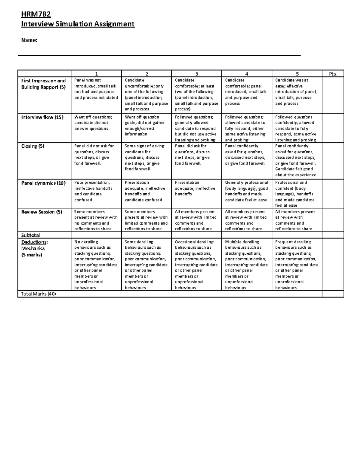 HRM782 Group Assignment#2 (Interview Simulation) Rubric Summer 2022 ...