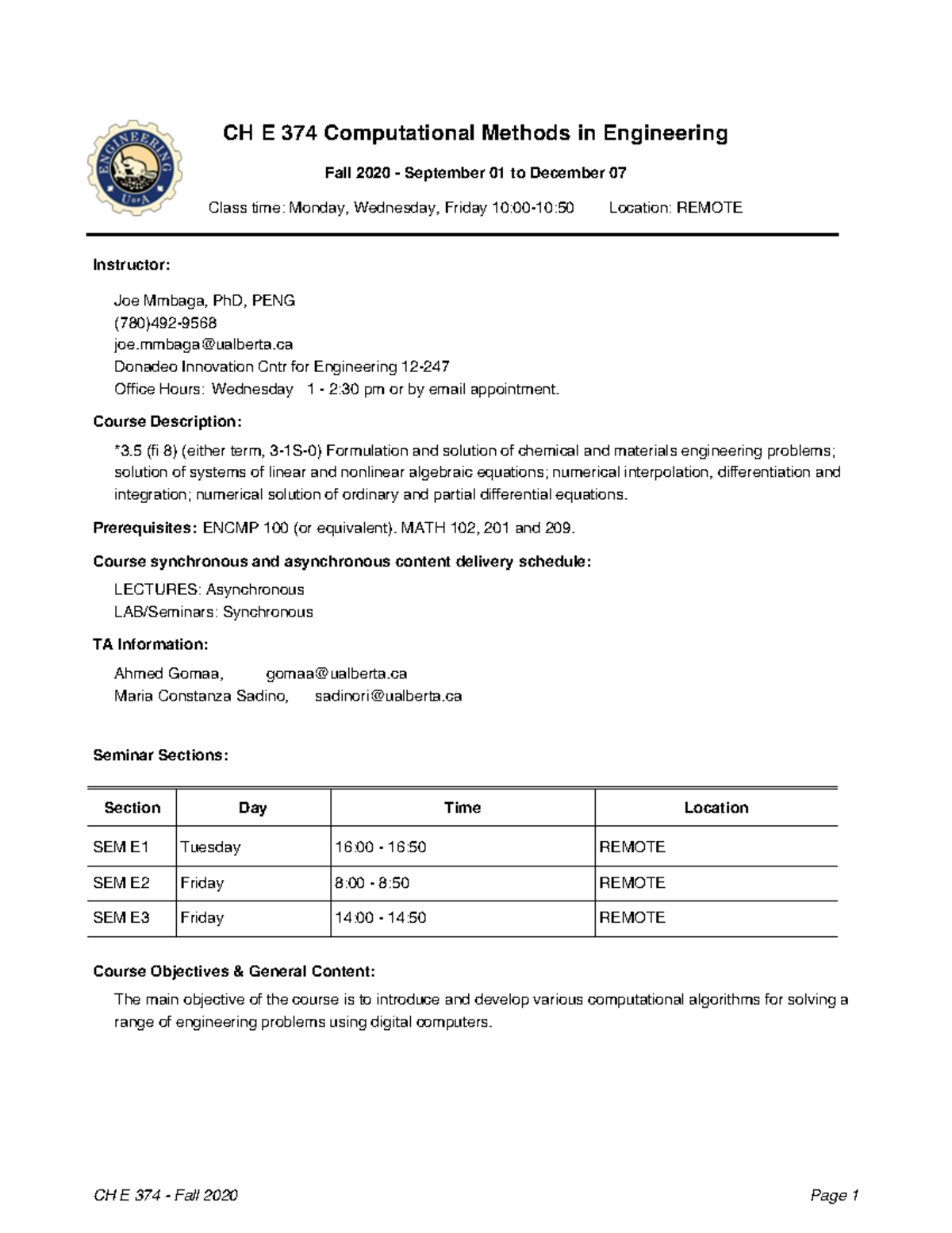Lecture notes for CHE374 syllabus - CH E 374 Computational Methods in ...