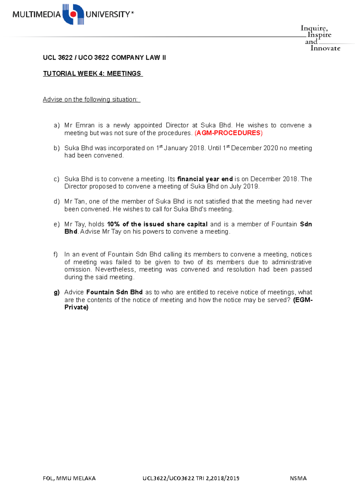 Question (Meetings) - UCL 3622 / UCO 3622 COMPANY LAW II TUTORIAL WEEK ...