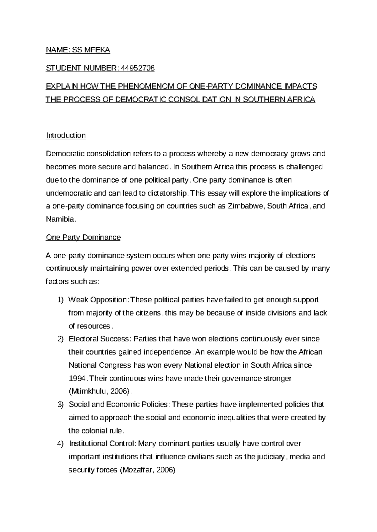 Sumeya Mfeka POLI 2 - Politics Assignment - NAME: SS MFEKA STUDENT ...