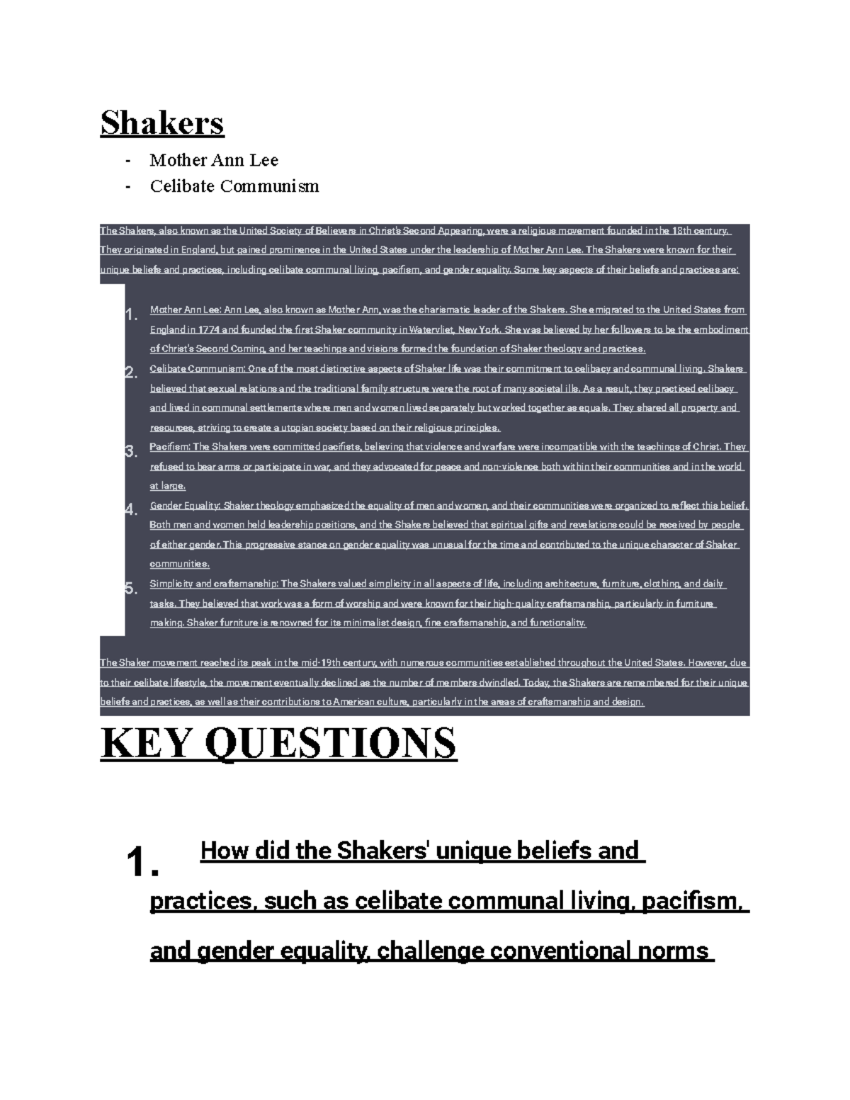 Shakers Key Questions lecture notes Rachel Gunter Shakers Mother Ann Lee Celibate