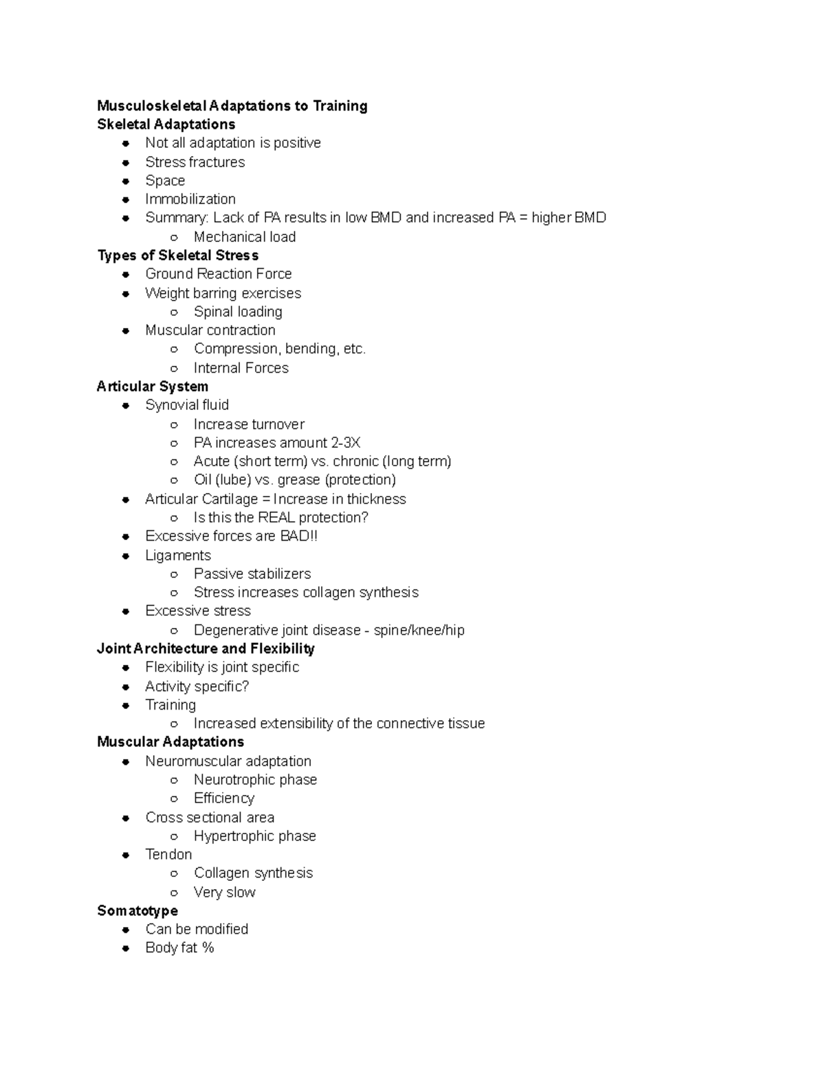 KIN 100 Lecture Notes: Musculoskeletal Adaptations to Training ...