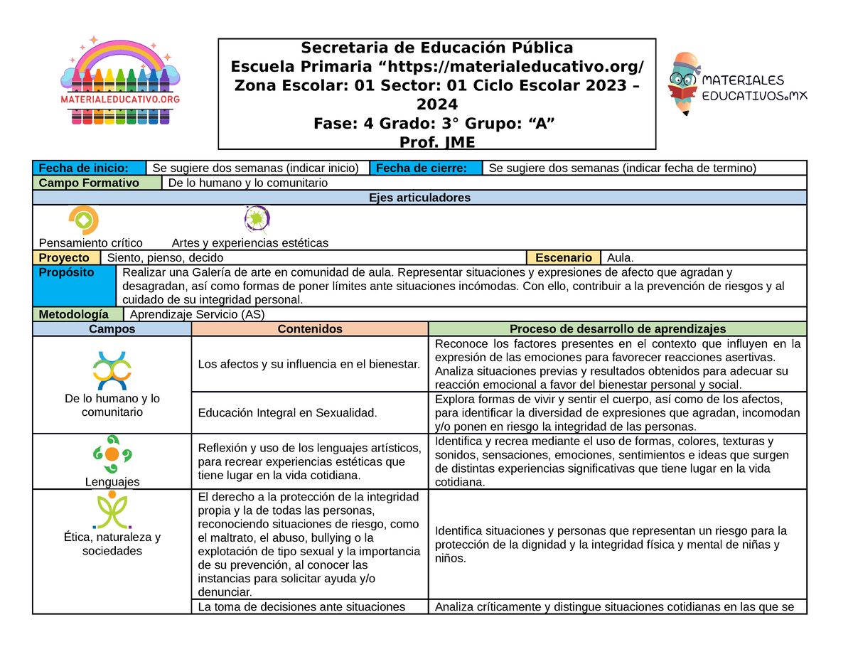 Planeación 3er Grado Proyecto Siento Pienso Decido - Fecha De Inicio ...