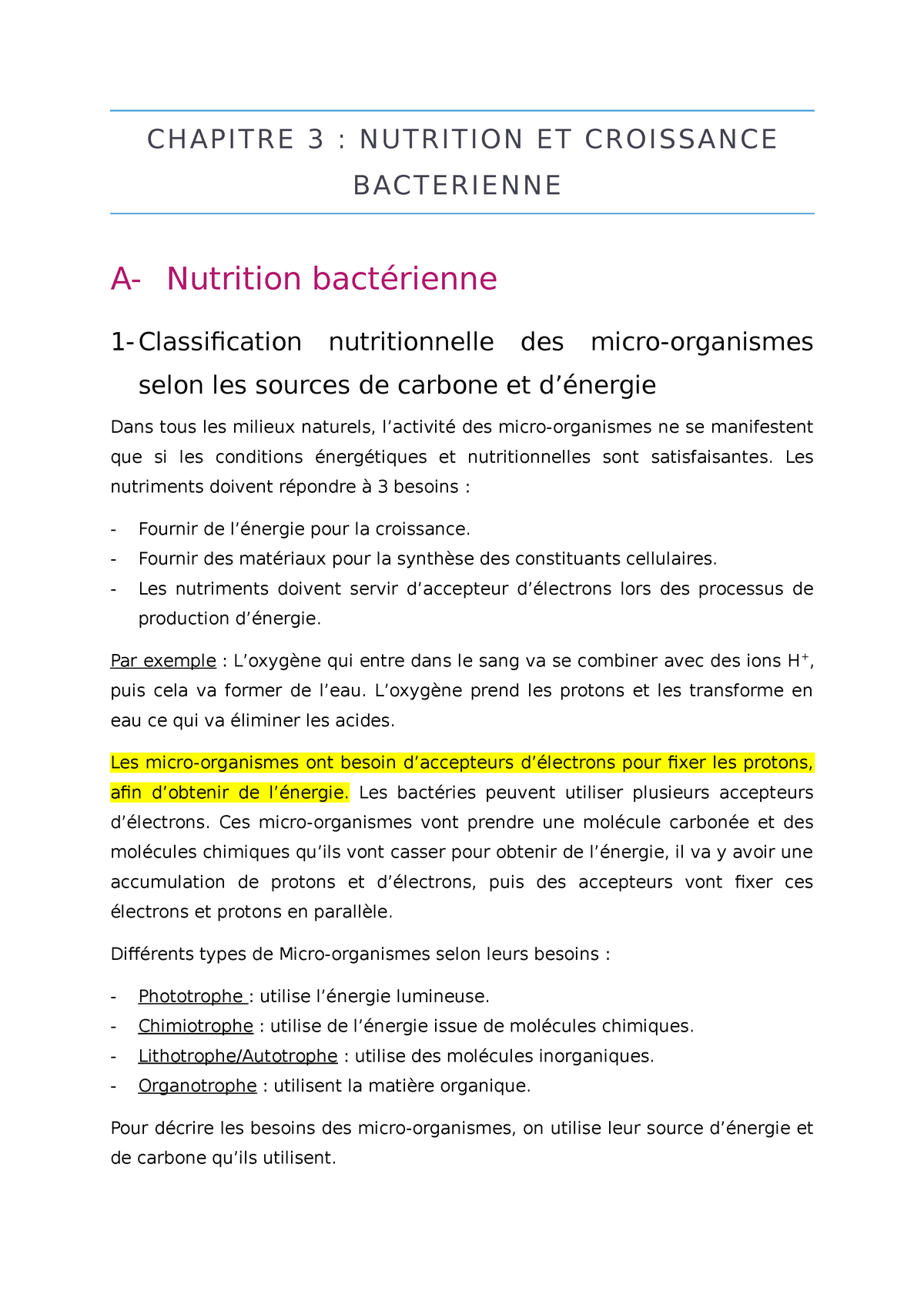 Chapitre 3 - CHAPITRE 3 : NUTRITION ET CROISSANCE BACTERIENNE A ...