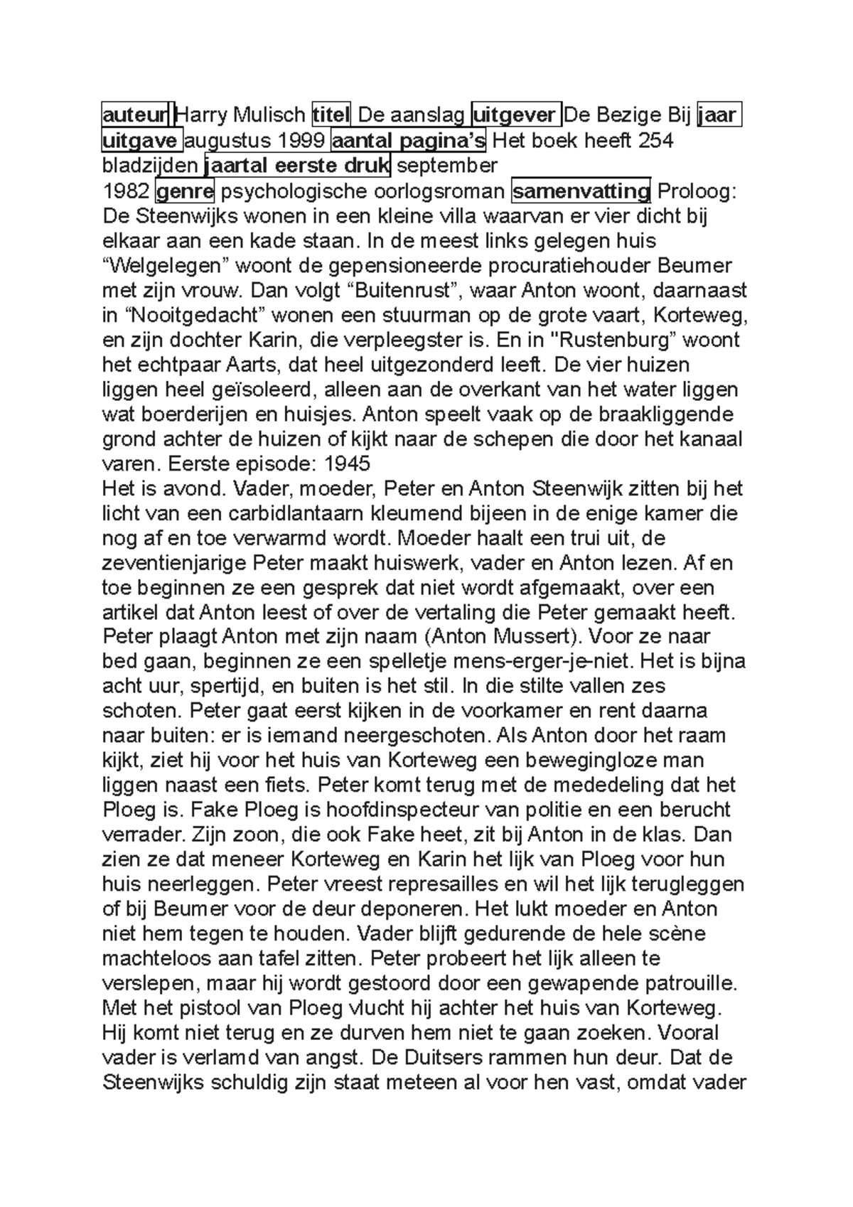 Samenvatting De aanslag door Harry Mulisch auteur Harry Mulisch titel De aanslag uitgever De