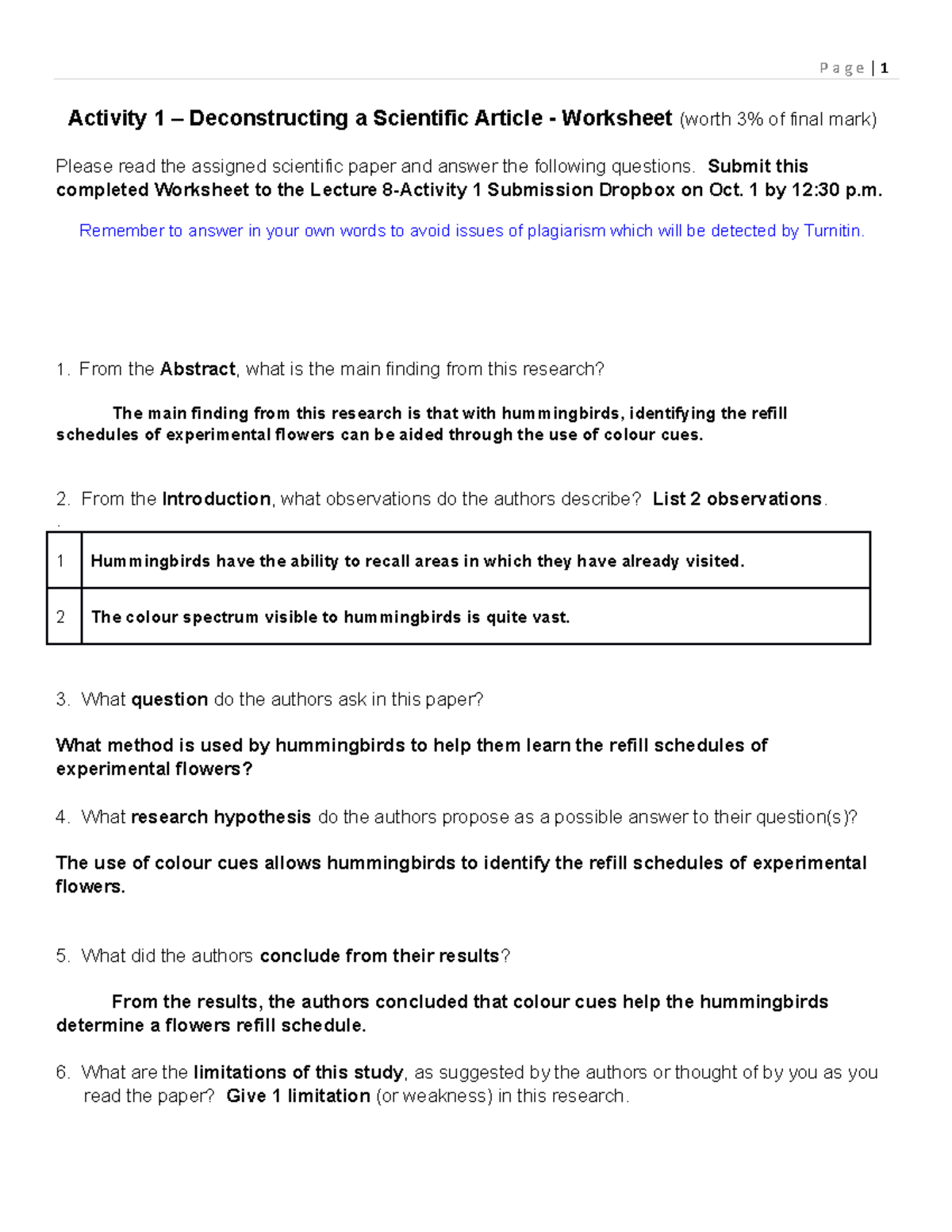 Activity 1-Deconstructing a Scientific Paper Worksheet - P a g e | 1 ...