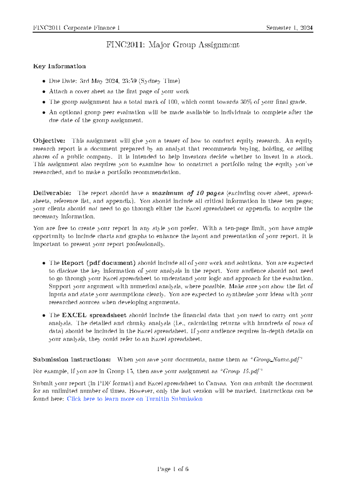 FINC2011 Assignment S1 2024 - FINC 2011 Corporate Finance I Semester 1 ...