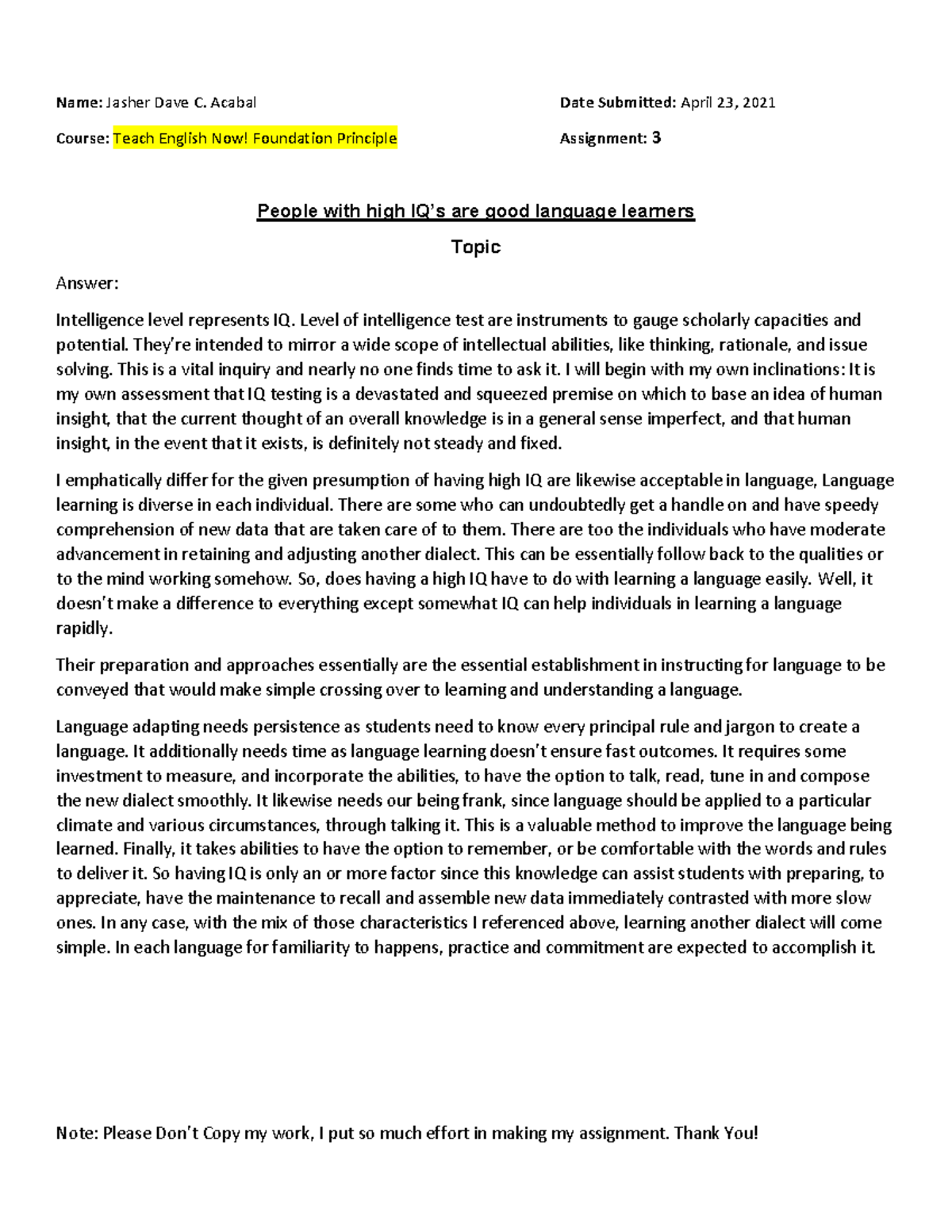 Tesol (C1) Week 3 Assignment Name Jasher Dave C. Acabal Date