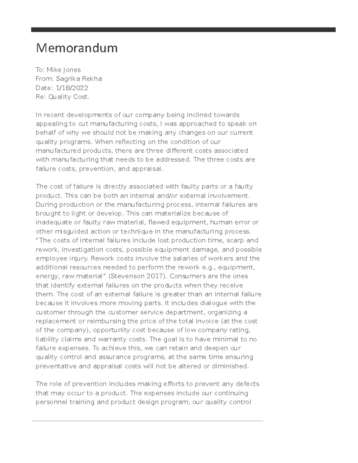 Business Management Task 1 - Memorandum To: Mike Jones From: Sagrika ...