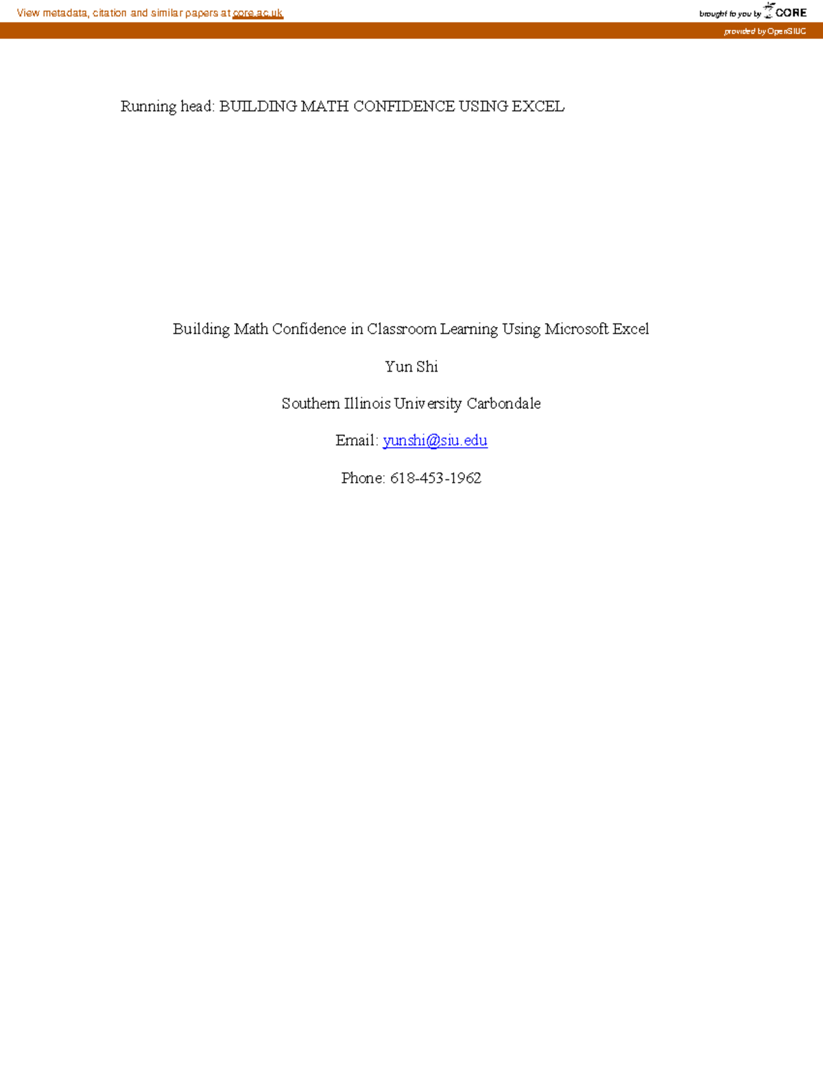 60529991 - Cours - Running head: BUILDING MATH CONFIDENCE USING EXCEL ...