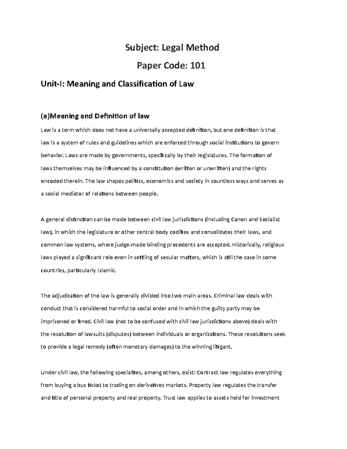Document - law notes - Subject: Legal Method Paper Code: 101 Unit-I ...