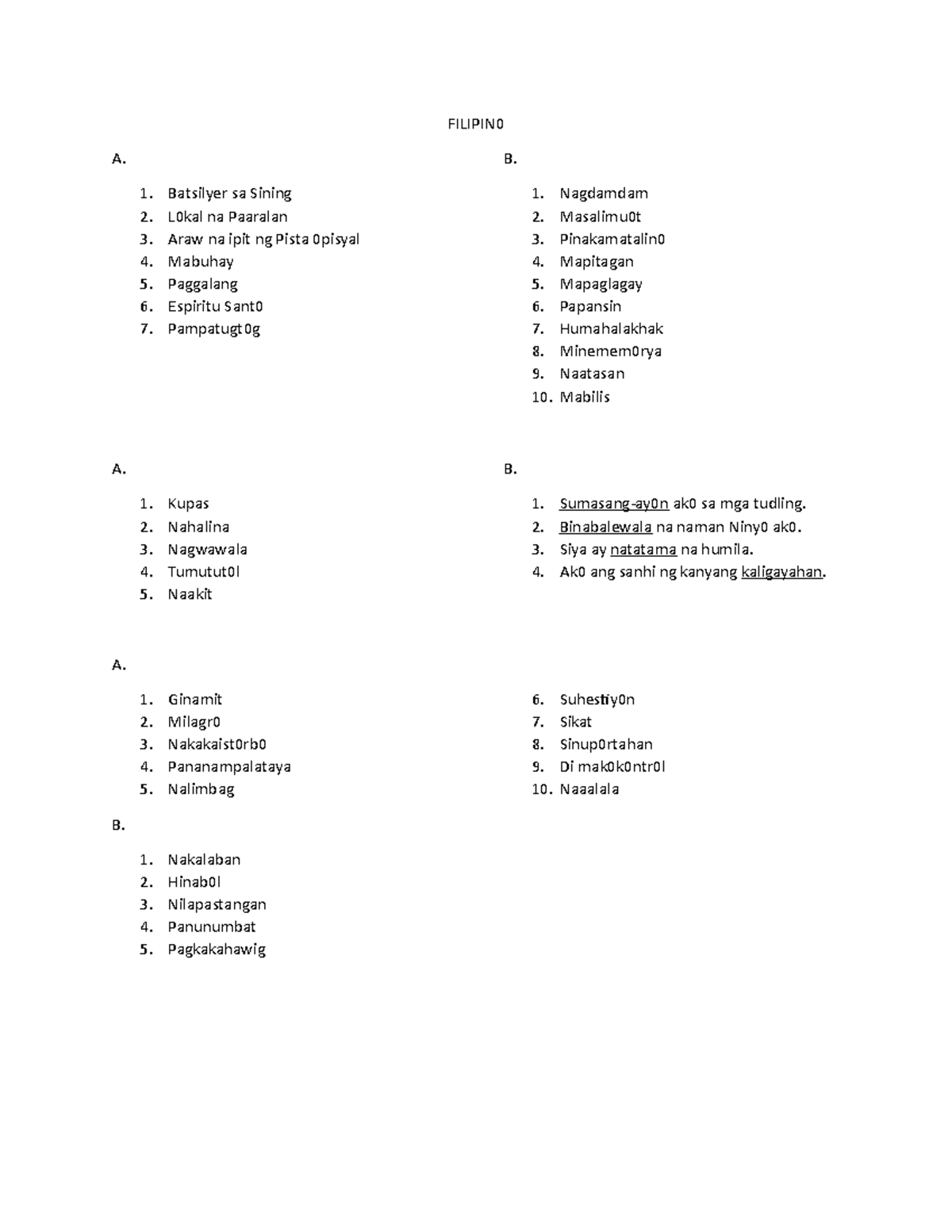 Filipino Worksheet - SUMMARY - FILIPIN A. Batsilyer sa Sining L0kal na ...
