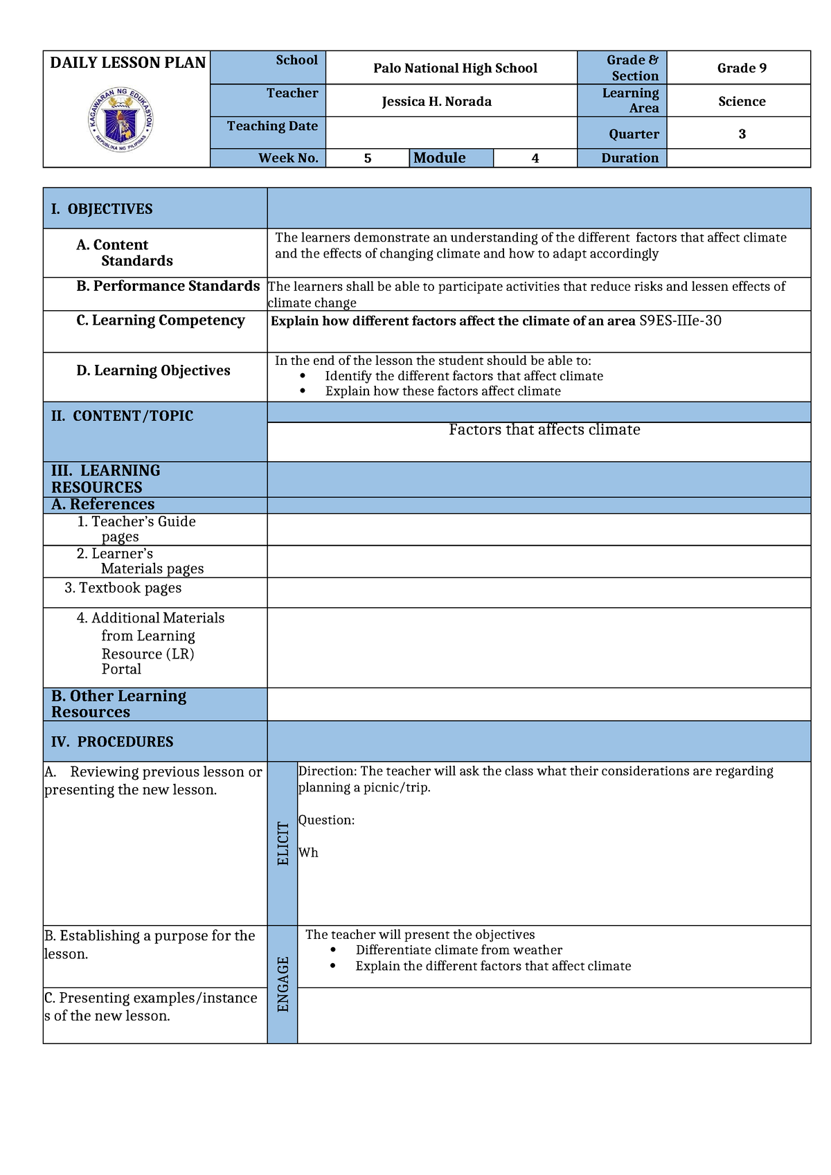 Components of an Ecosystem - DAILY LESSON PLAN School Palo National ...