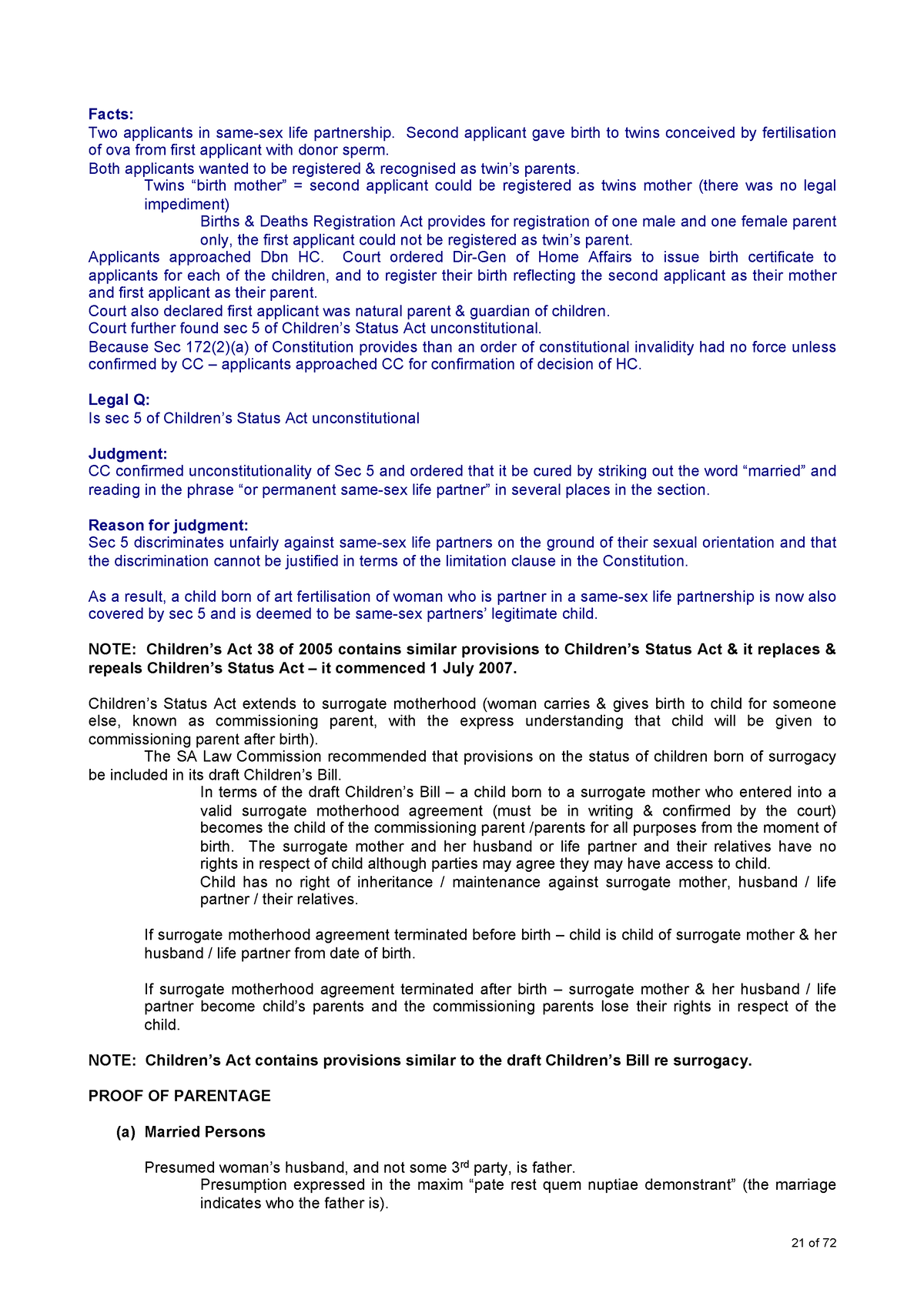 Proof OF Parentage - Facts: Two Applicants In Same-sex Life Partnership ...