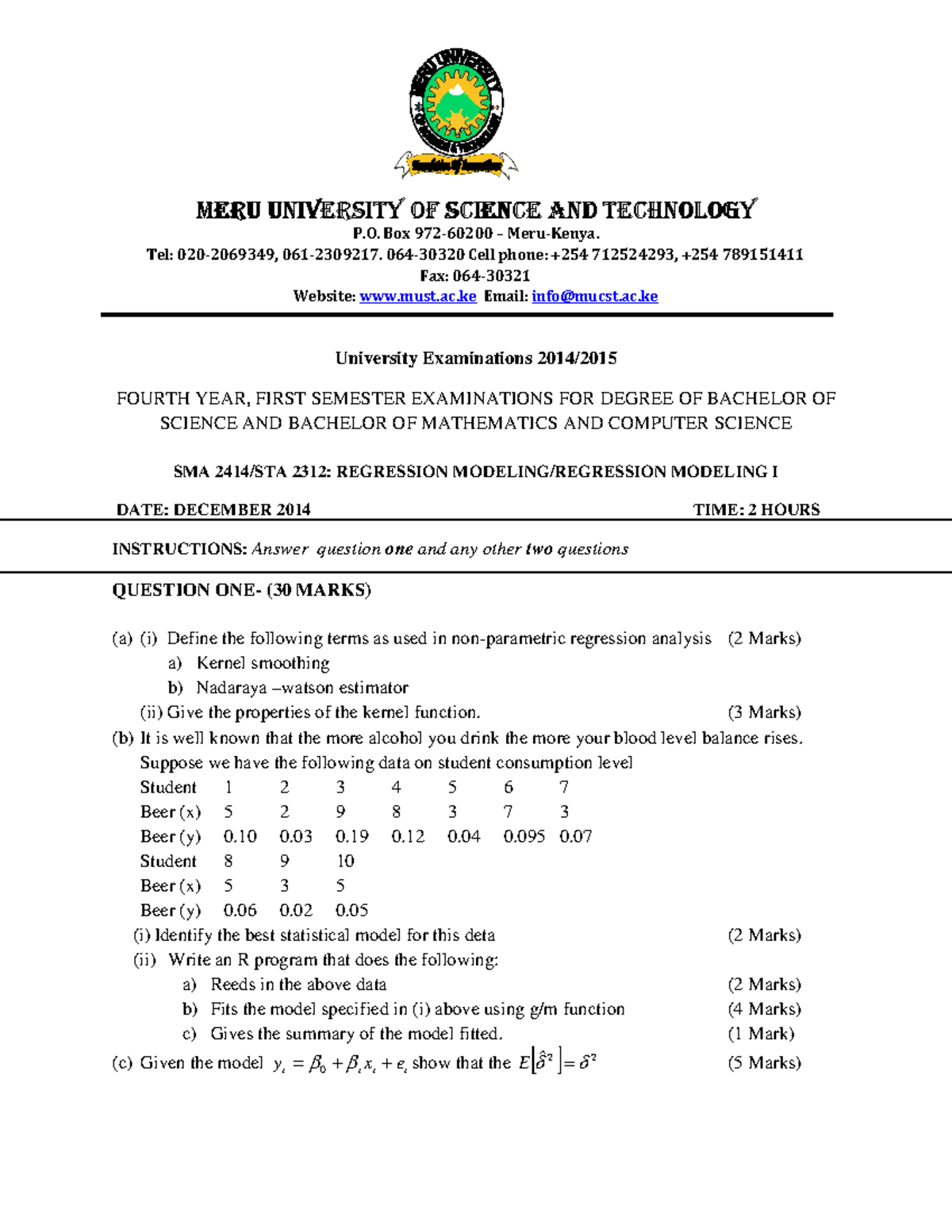 SMA 2414 STA 2312 Regression Modelingregression Modeling I - MERU ...